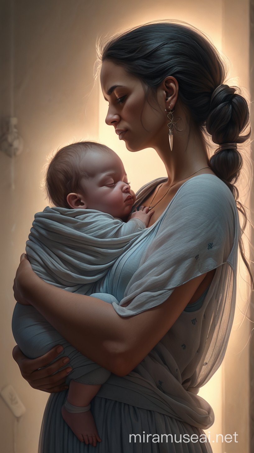 a beautiful painting of a mother cradling her baby, in the style of modern the gathering, hd, ultra detailed. trending on artstation, concept art, octane render, unreal engine