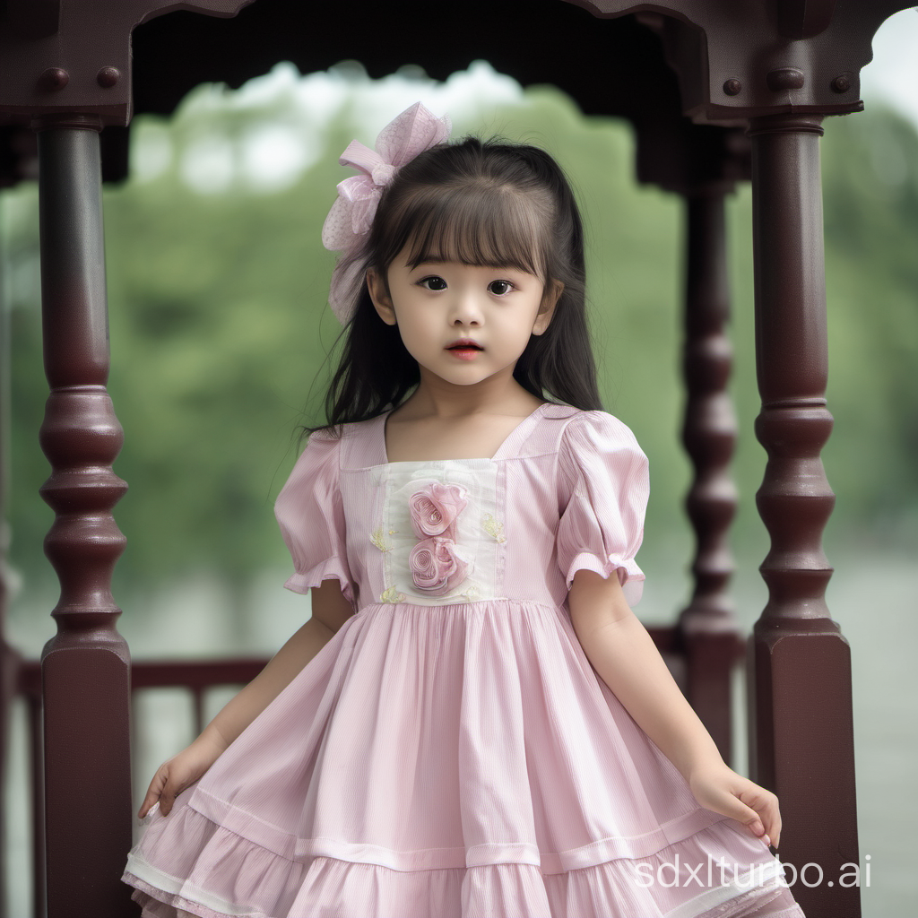 a lovely girl wearing baby doll dress in a pavilion
