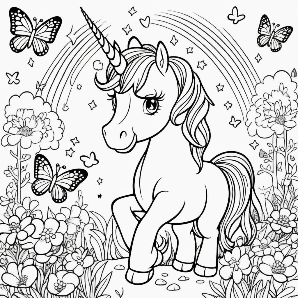 Cartoon Unicorn Butterfly Coloring Page for Children Simple Black and White Design
