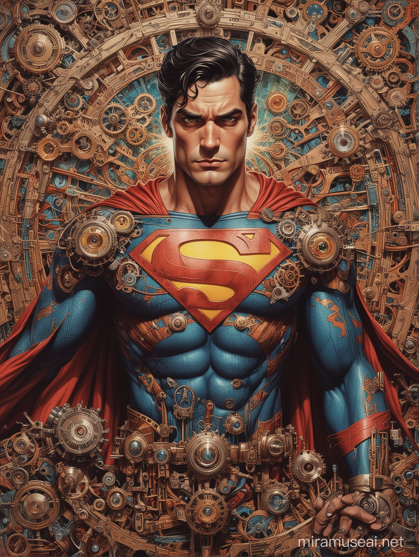 Superman Flying Through Psychedelic Steampunk Cityscape