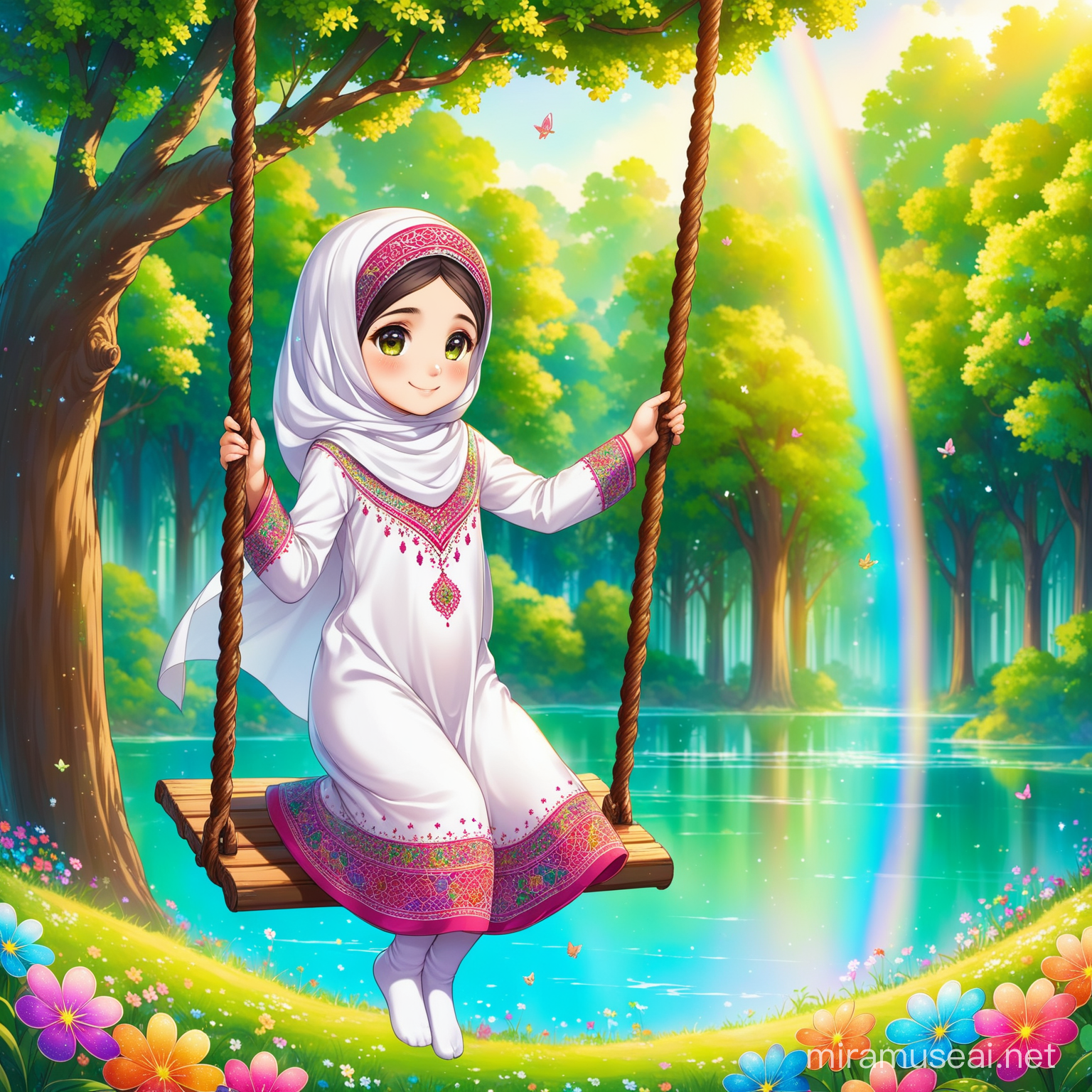 Persian little girl named Fatemeh.

Fatemeh is 9 years old Muslim, full height, no hair out of veil(Hijab), smaller eyes, bigger nose, white skin, cute, smiling, wearing socks, clothes with a lot of Persian designs.

Fatemeh is swinging, the swing is hanged to a tree branch.

Atmosphere forest, grass, rainbow flowers, spring, lake.
