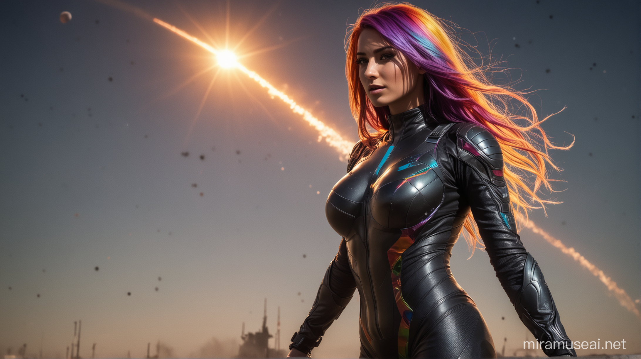 Fierce Female Soldier in Glowing Spacesuit Amidst Explosions on Space Ship Cobra 3