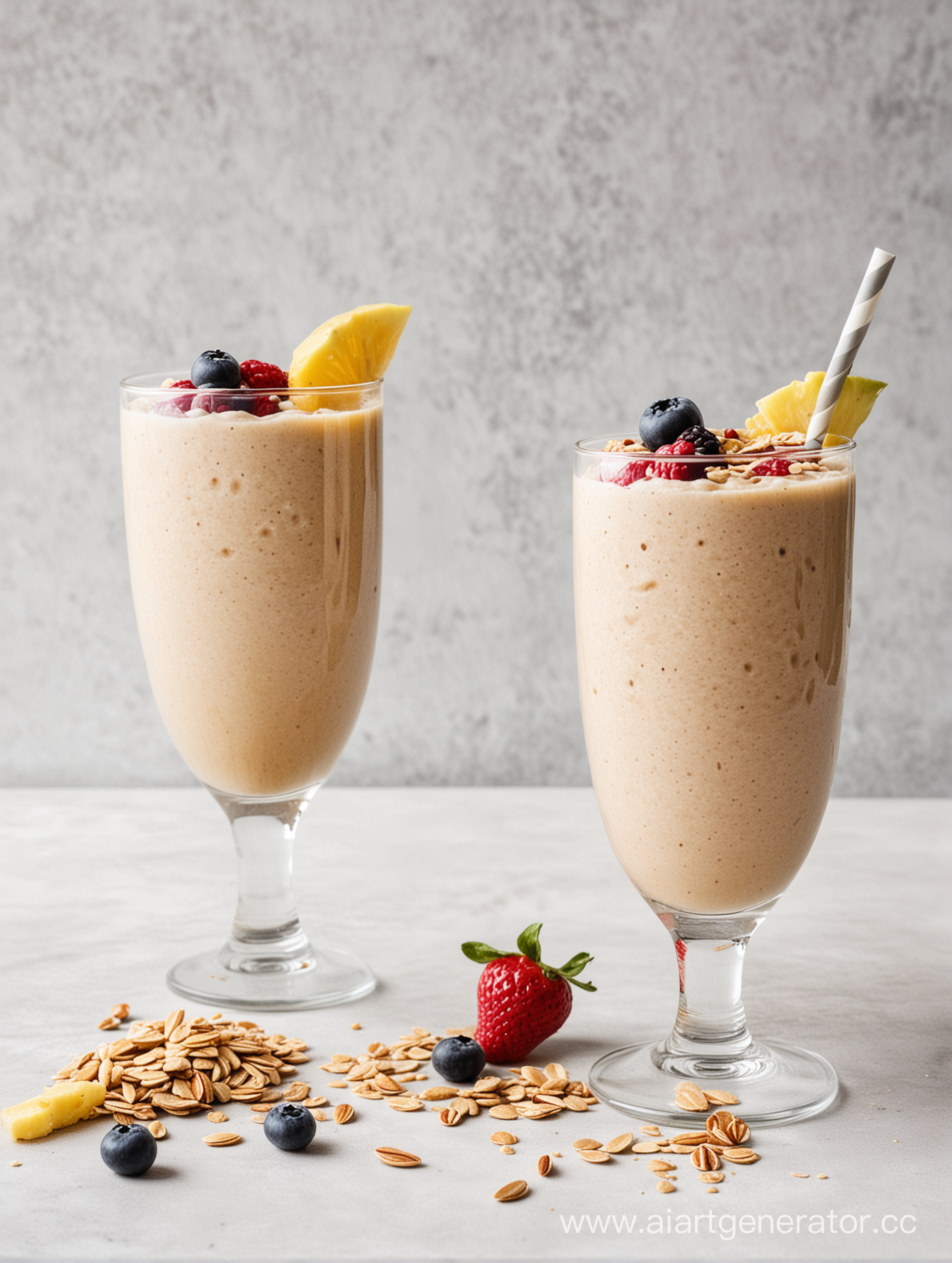 smoothie oatmeal cocktail 
low 2 glasses white background