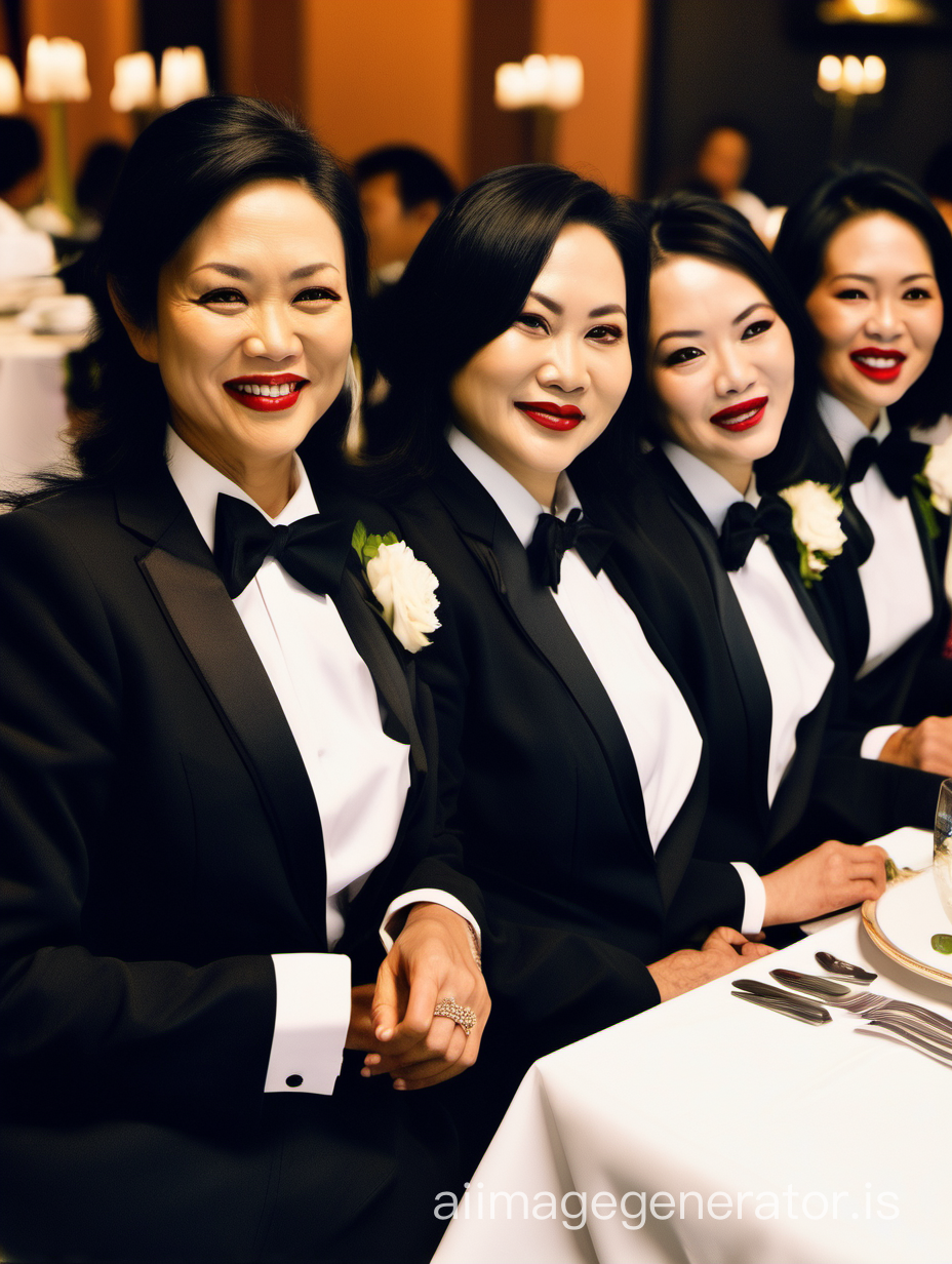 Three 40 year old smiling vietnamese women with black shoulder length hair and lipstick wearing matching tuxedos with a black bow tie and big black cufflinks. Their jackets have a corsage. Their jackets are open. They are sitting at a dinner table.