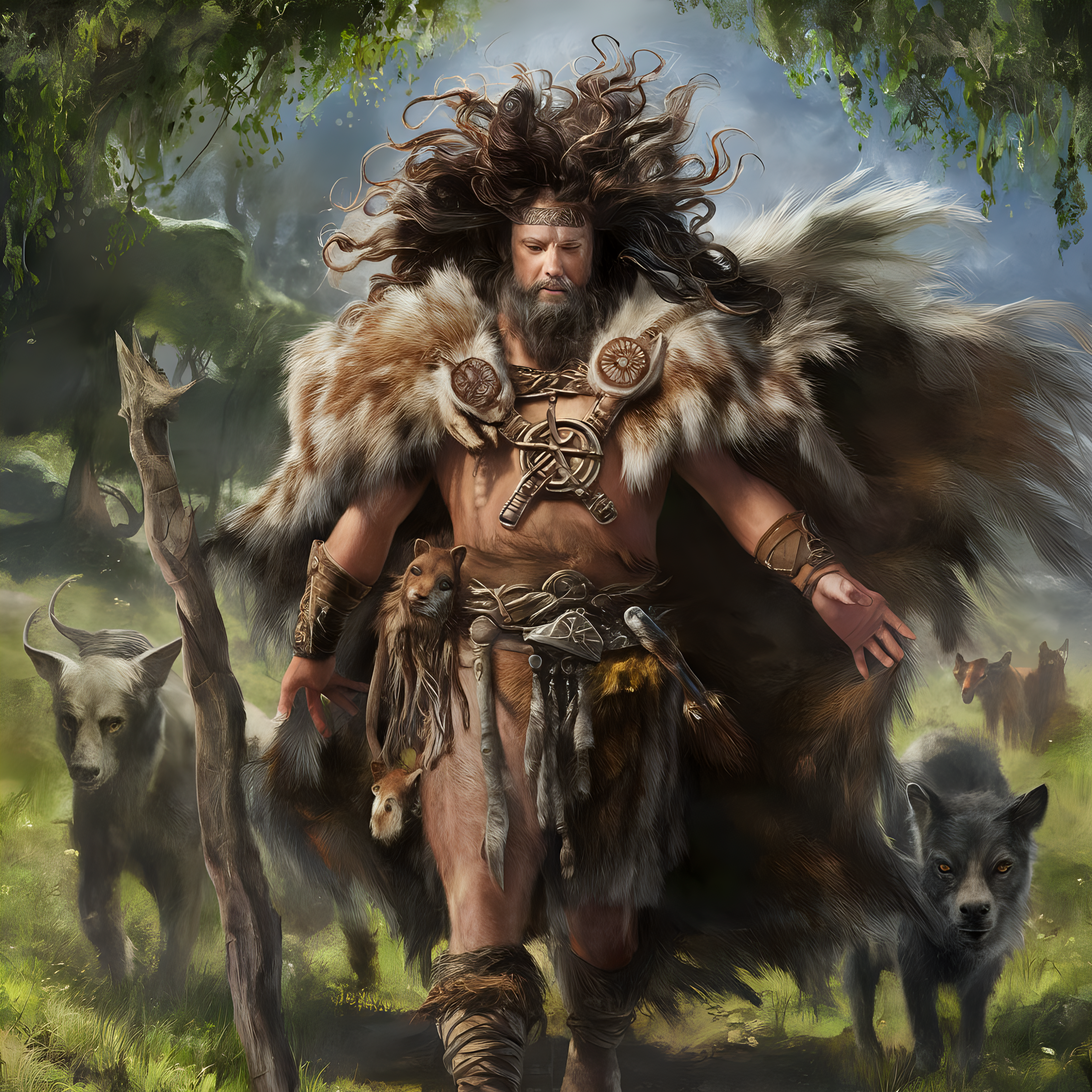 Wild Druid Man with Animal Companions and Wooden Staff