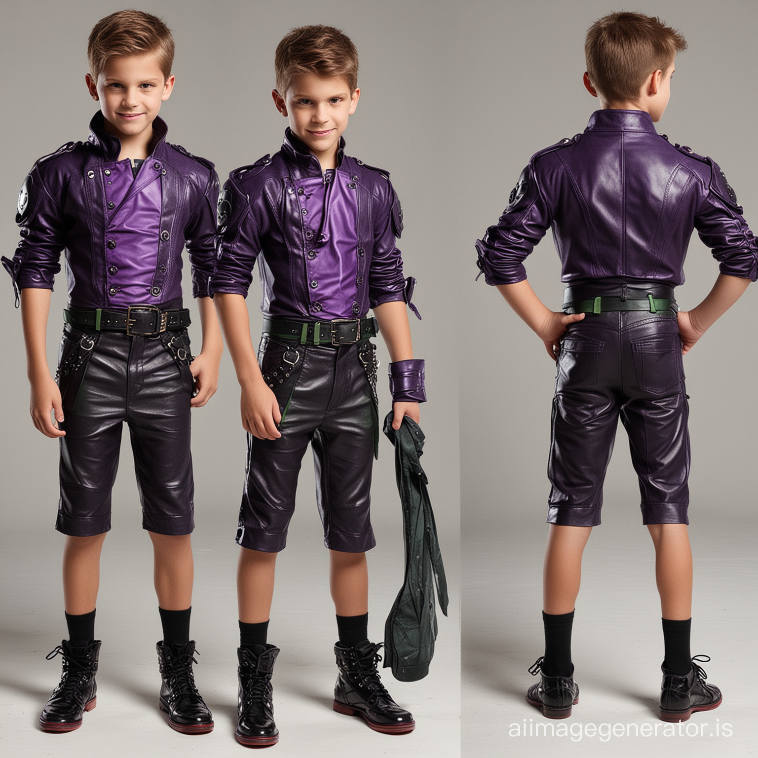 Create a villain outfit for a strong 8 year old boy villain with abs, cool, wicked, leather, shorts, comfortable yet intimidating, various shades of purple with hints of both green and red, both red and green should be included in every outfit but purple should be the main color, the shoes should also be coloured and match the outfit