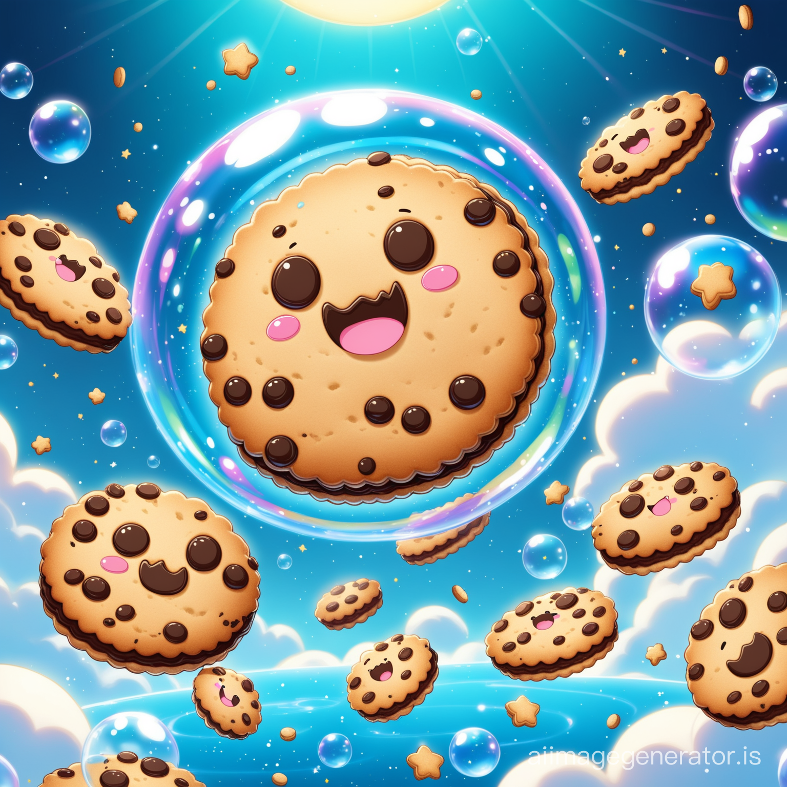 A little black happy cute cookie flying on the cookie jungle with super detail and High Quality
big and blue Bubble and floating cookie are seen everywhere
Details are evident beautifully and with great precision