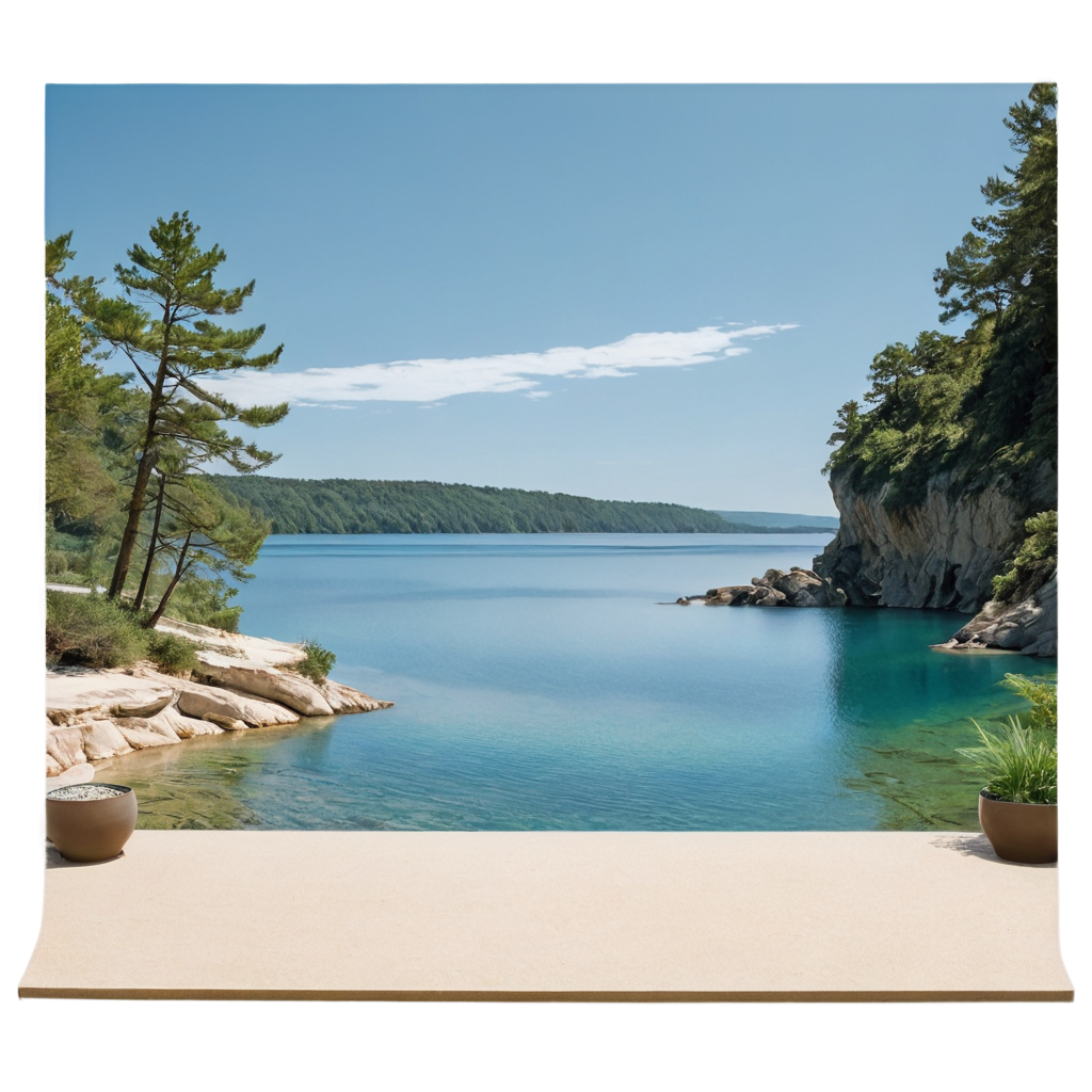 Ultra realistic scene of a large podium in the foreground with a clear blue lake and waterfall in the background. The podium, meticulously detailed, is a testament to the beauty of simplicity. Front lighting floods the scene with natural light, highlighting the texture of the sand and the clarity of the water, creating a harmonious combination of artificial elegance and wild beauty.
