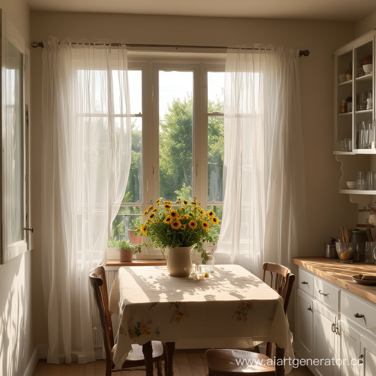 через окно в просторную комнату проникает солнечный свет и занавески красиво развиваются на ветру все это происходит на кухне где стоят цветы а картина развивается за столом