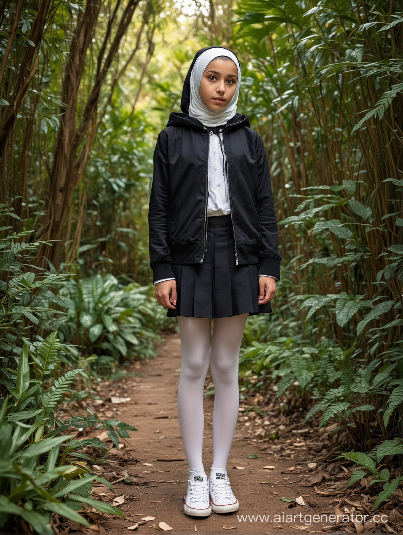 A little girl, 12 years old, hijab, mini school skirt, white converse shoes, school uniform, black opaque tights, standing in the jungle, from side, top view, turkish, hairless, petite body, hooded jacket, 