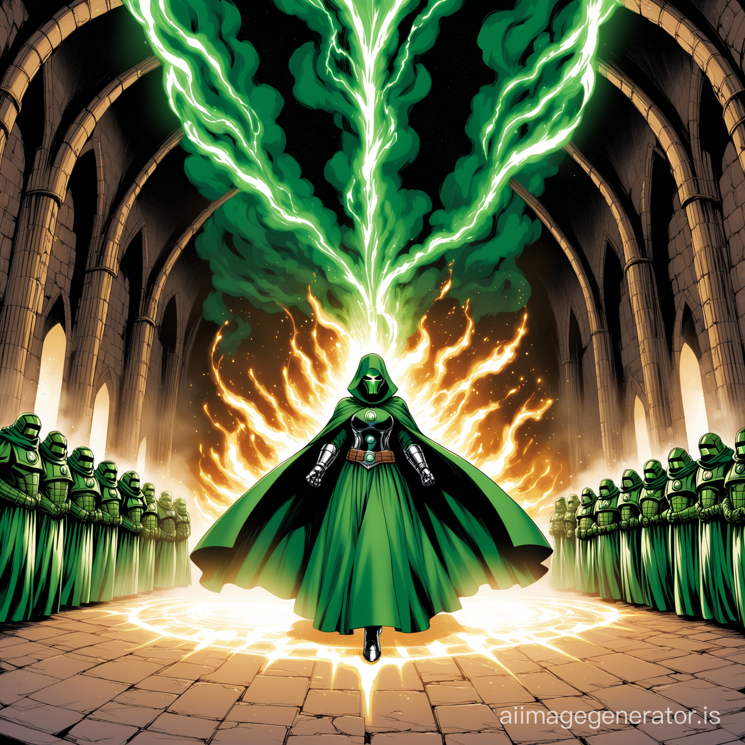 Doctor Doom hypnotizing Sue Storm in a floor-length Medieval ample  billowing dress with heavy cloak