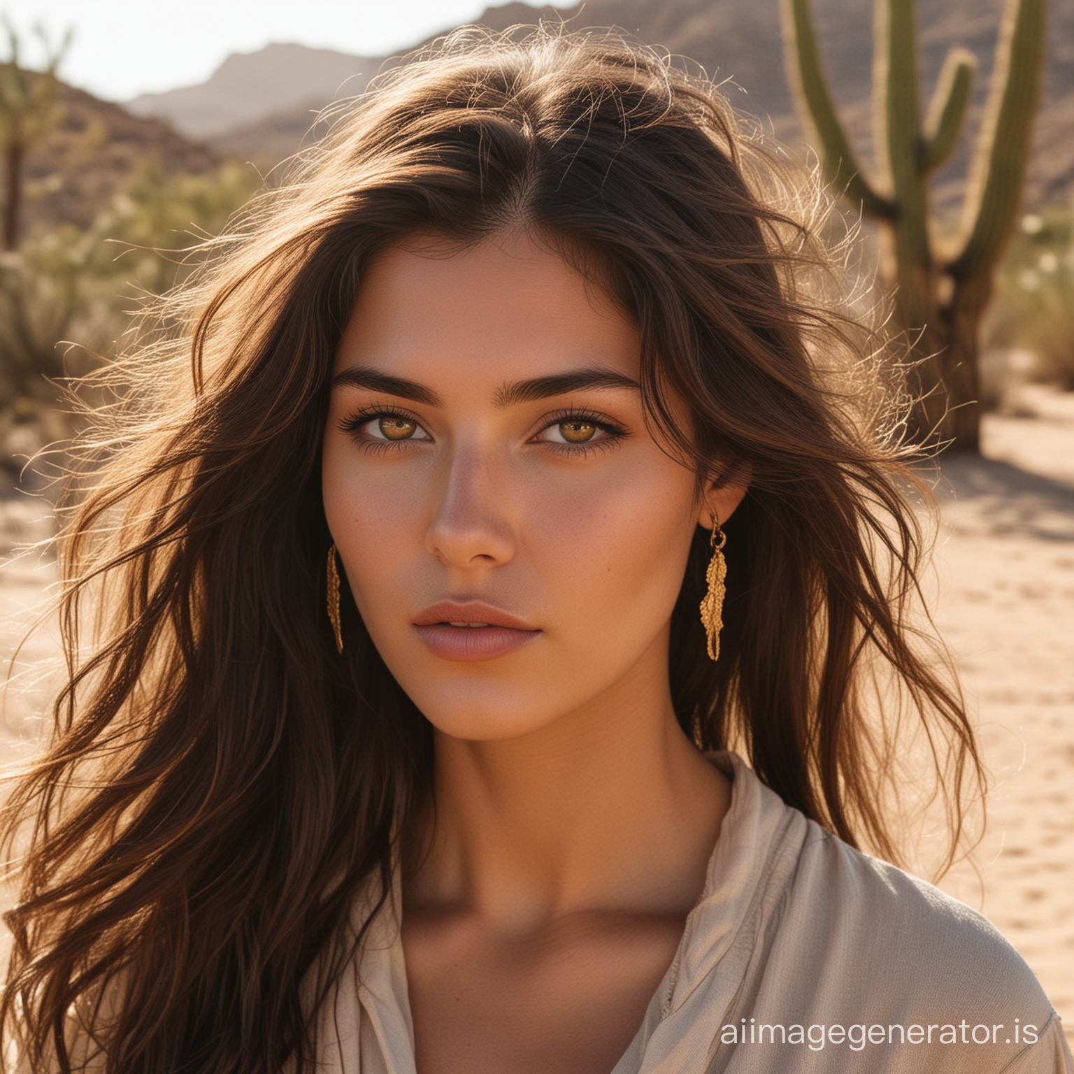 Amidst the harsh yet captivating landscape of the desert, there stood a woman whose beauty was as striking as the dawn breaking over the horizon. Her long, dark brown hair cascaded in waves, framing her face with an enchanting allure that captivated all who beheld her. But it was her eyes that truly mesmerized, their hue reminiscent of the desert itself—warm and earthy, with flecks of amber and gold that seemed to dance in the sunlight.

In the midst of the arid terrain, her features radiated a timeless elegance that transcended the harshness of her surroundings. A soft, serene smile graced her lips, imbued with a quiet confidence that spoke of inner strength and resilience.

With each step she took, she moved with a grace that defied the unforgiving nature of the desert, her presence a beacon of beauty amidst the vast expanse of sand and cacti. She was a vision of enchantment, a testament to the enduring allure of the human spirit in the face of adversity.

In her, there was a beauty that went beyond mere appearance—a beauty that resonated deep within the soul, leaving an indelible impression on all who crossed her path. She was the desert's hidden gem, its radiant jewel amidst the sands, a reminder that even in the harshest of landscapes, beauty could always be found for those with eyes to see.