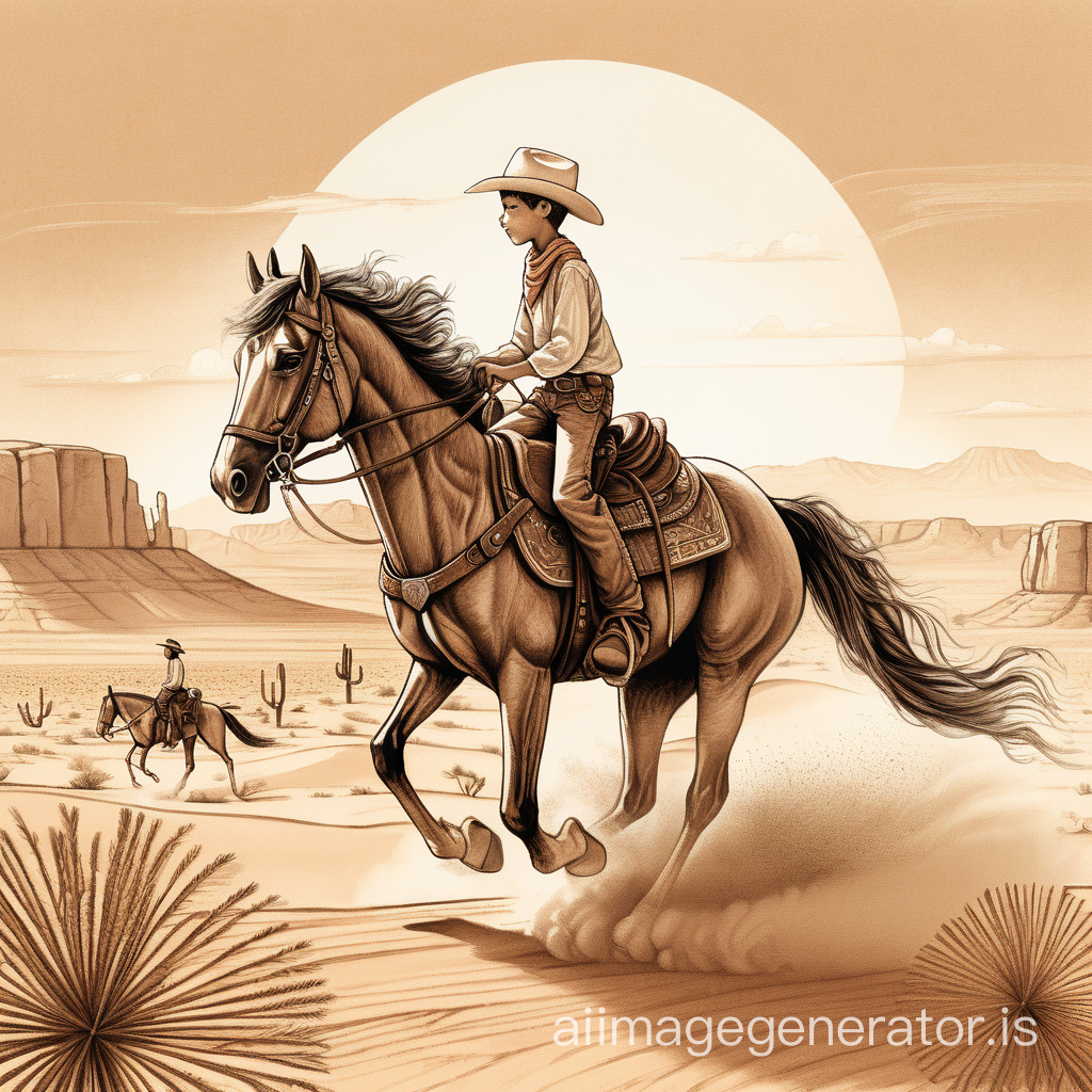 A heartwarming illustration of a young cowboy riding a majestic Arabian horse in the vast desert, capturing the essence of freedom and adventure, inspired by vintage children's book illustrations, warm tones, detailed texture, dusty atmosphere, outlined doodle style 