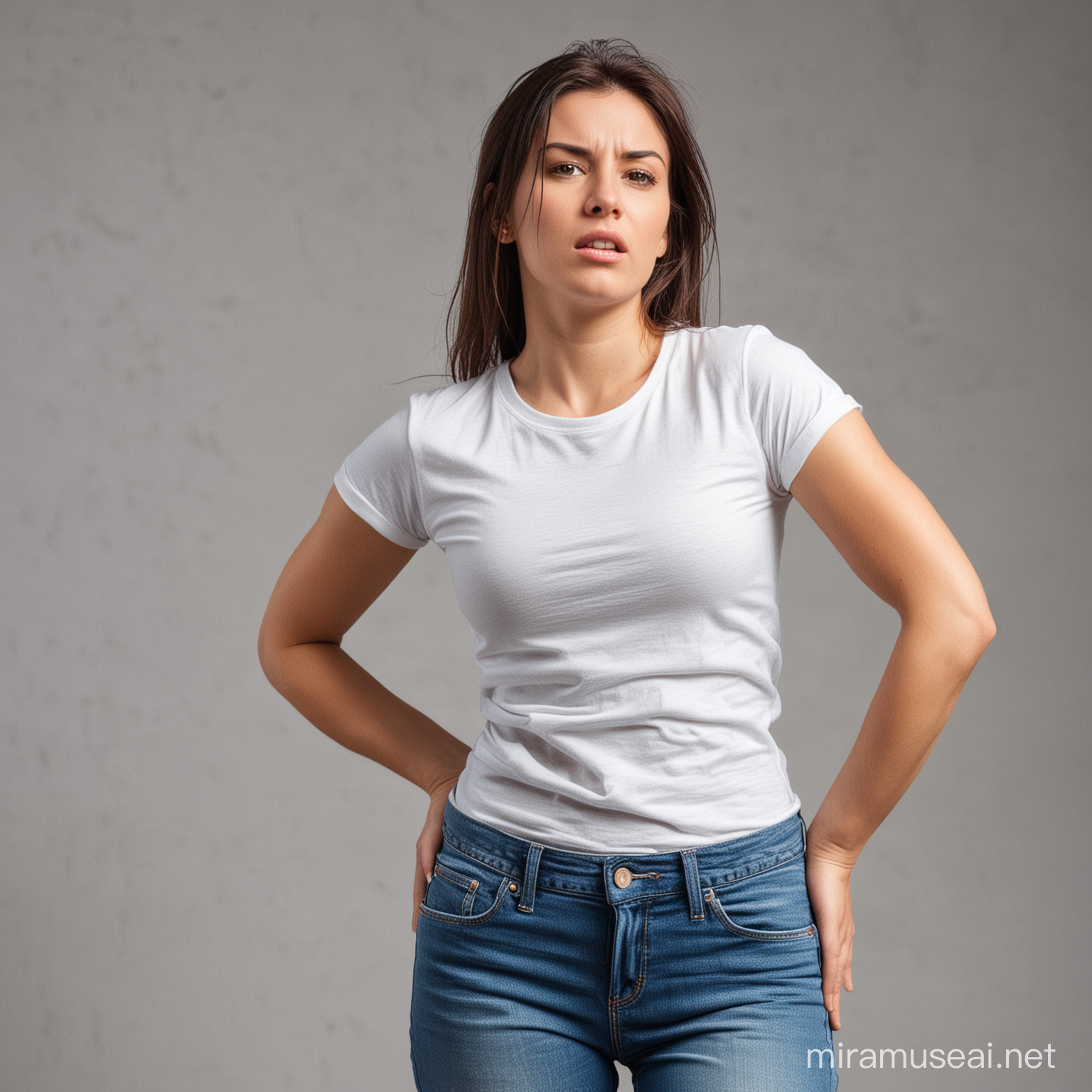 woman wearing t-shirt and jeans sweating