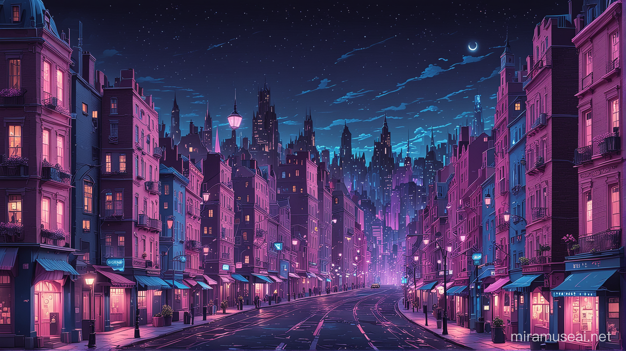 Vibrant Night Cityscape Cartoon Skyline Illuminated with Blue and Pink Lights