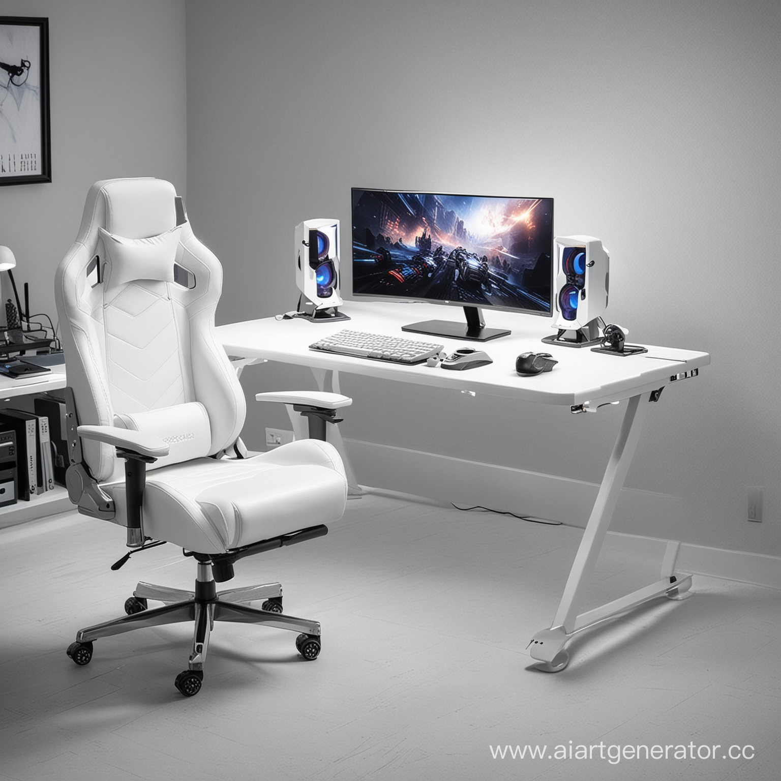 Зона для компьютерных игр: игровое кресло, игровой компьютерной стол, компьютер современный с подсветкой, клавиатура, мышка, колонки. Всё в белом цвете