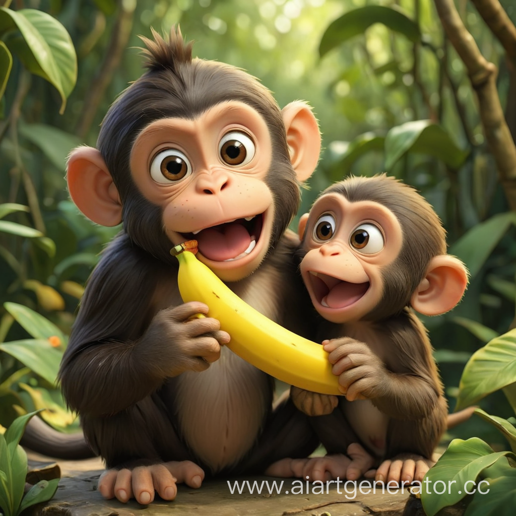 мультяшная обезьяна отдает второй обезьяне банан