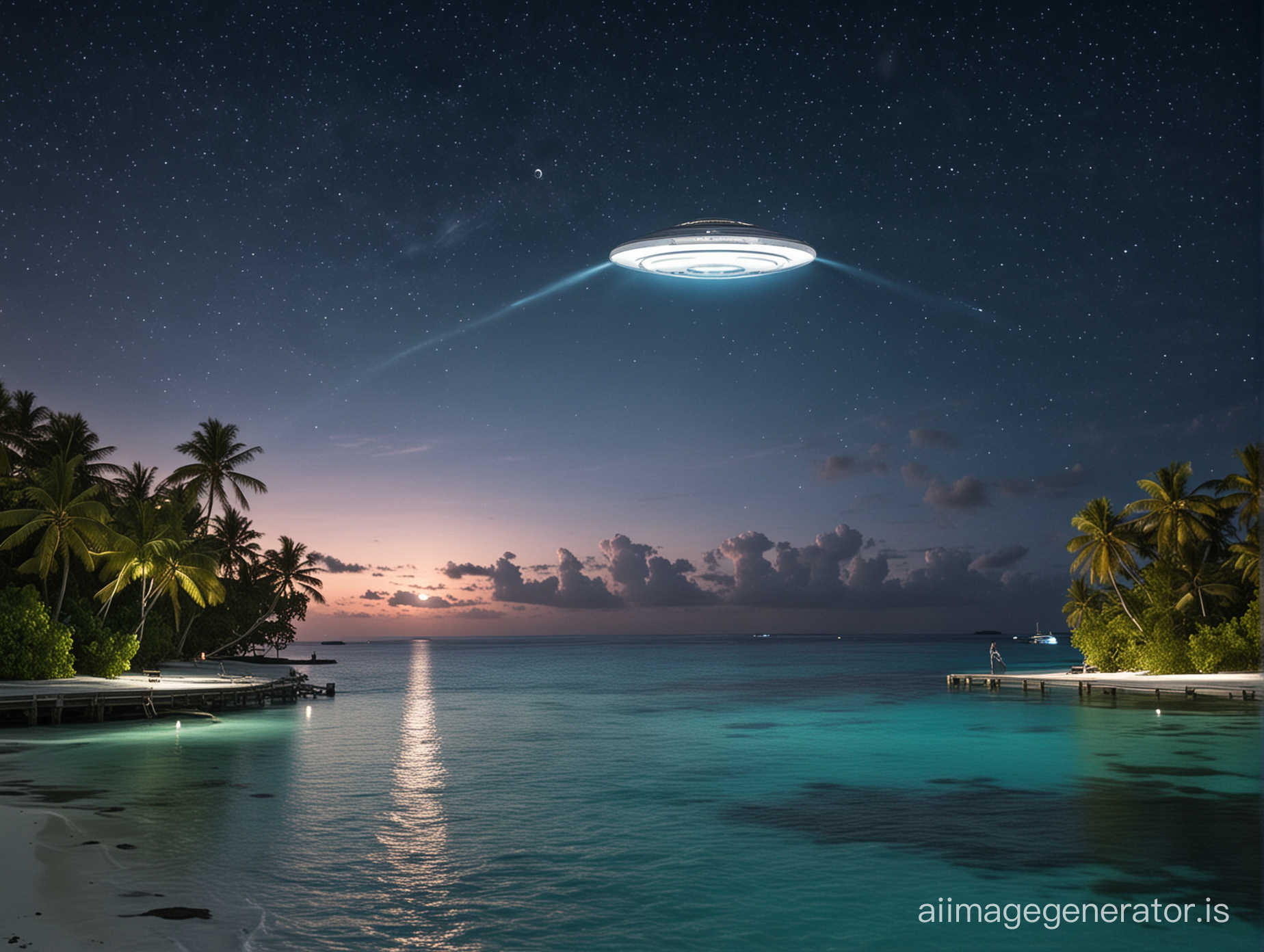 maldivas island in the night with ufo in the sky
