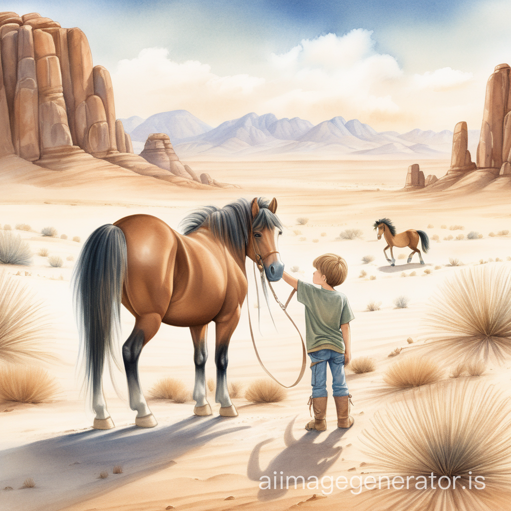 A heartwarming illustration of a young boy standing near the pony horse in the vast desert, capturing the essence of freedom and adventure, inspired by hand drawn water color children's book illustrations, warm tones, detailed texture, dusty atmosphere, 