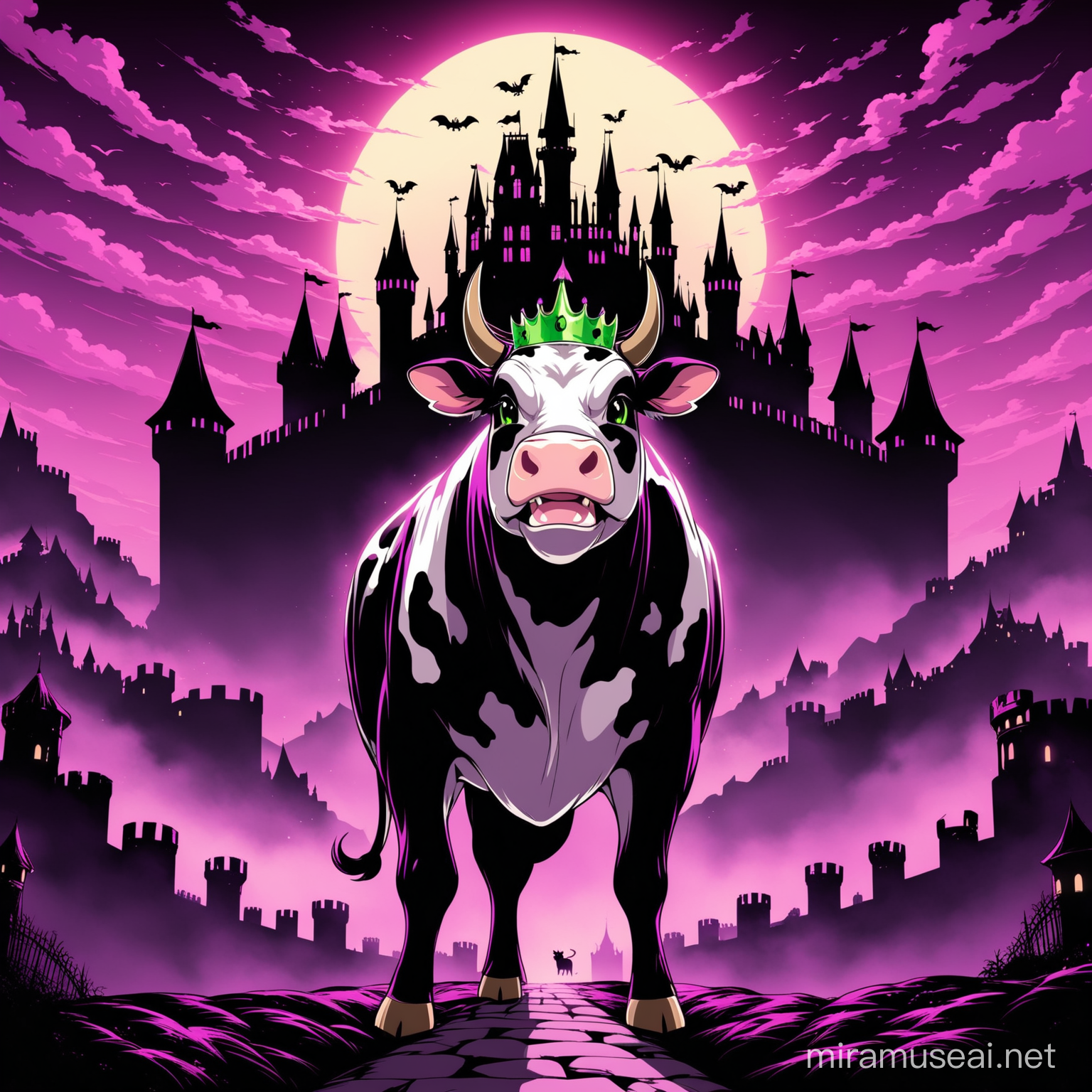 Cow-Dragon 
appreance-scary/full body/noir puprle/green/pink/pointed-teeth/cow-head/
background-sky/noir/castle/princess