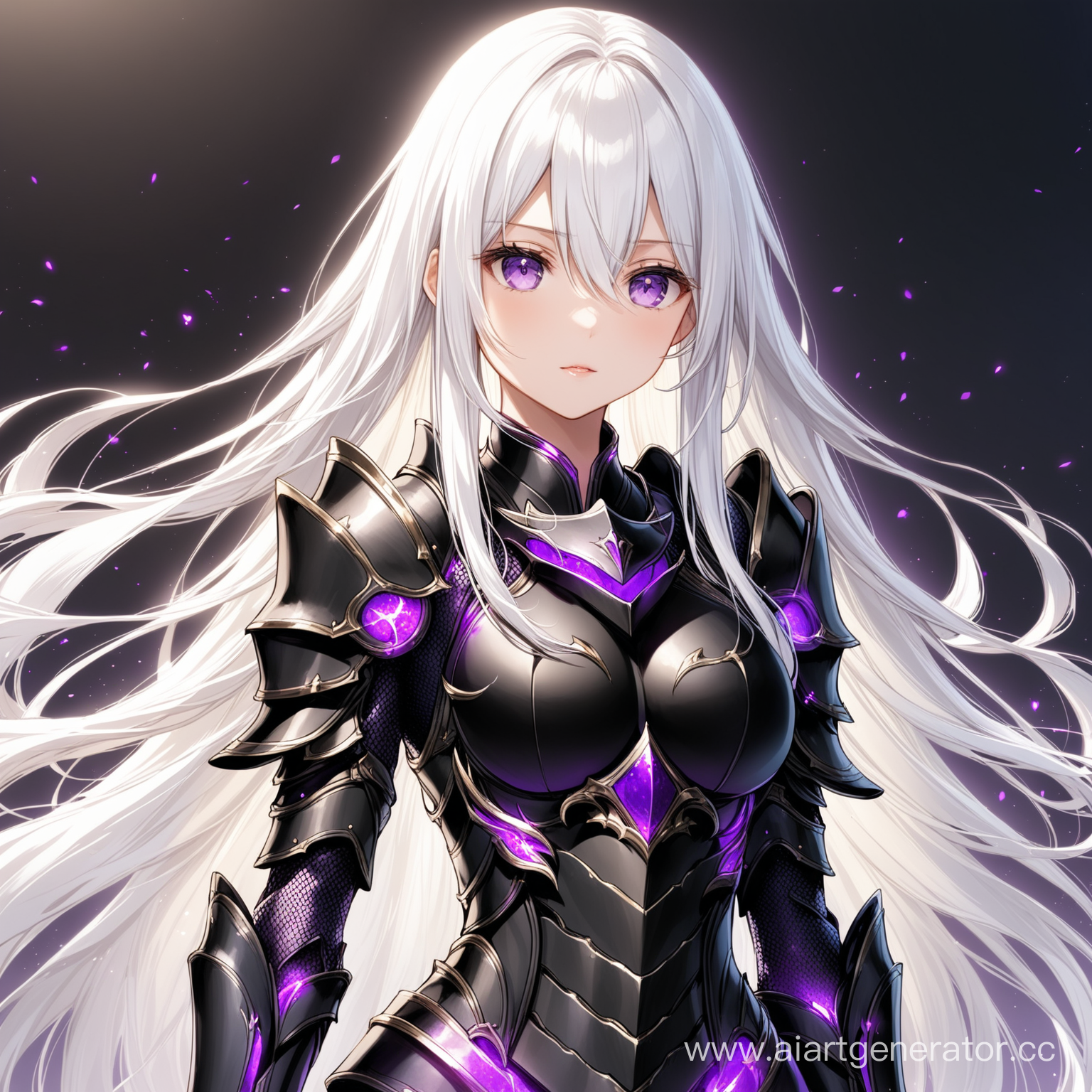 девушка с белыми длинными волосами, фиолетовыми глазами и чёрной броне
