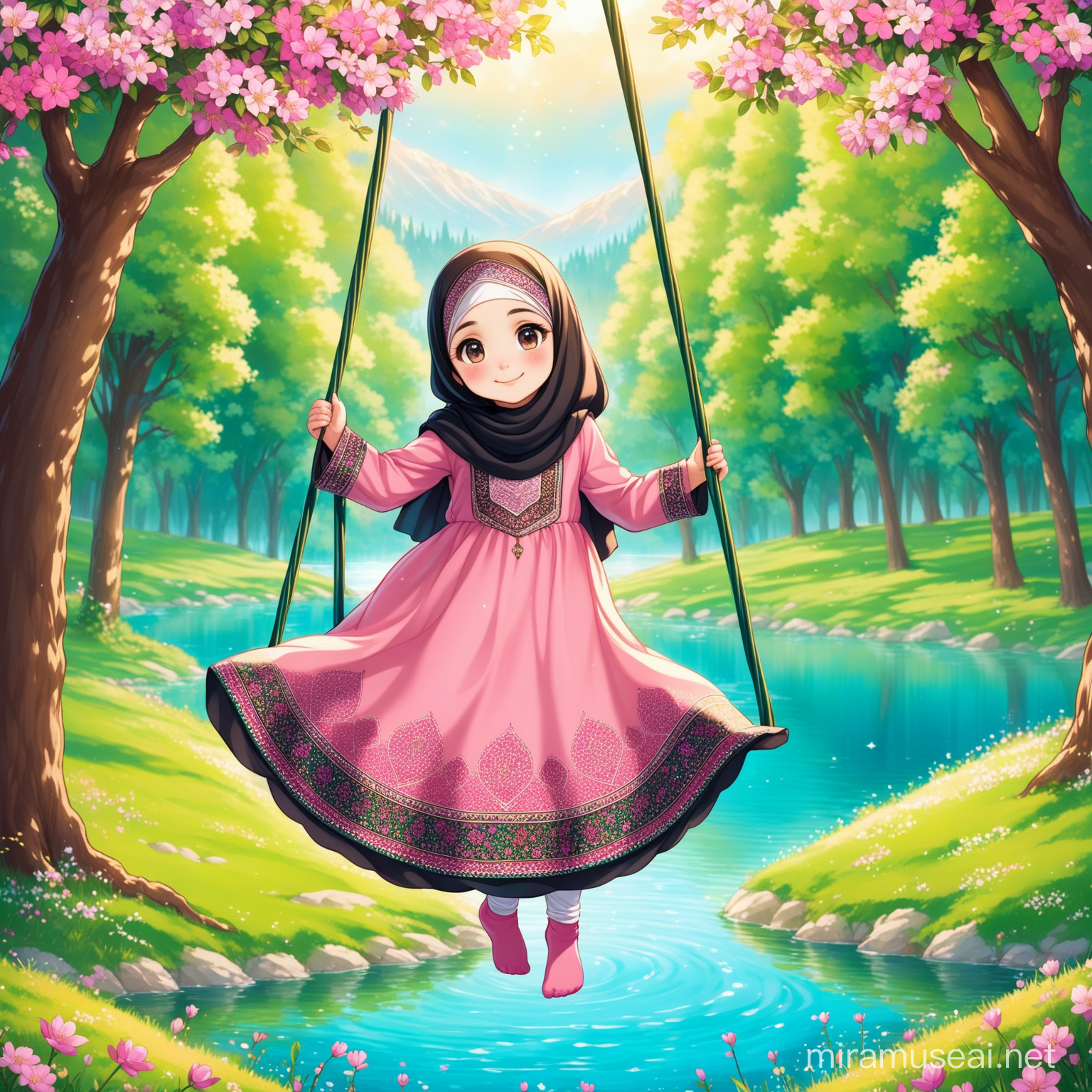 Persian little girl named Fatemeh.

Fatemeh is 7 years old Muslim, full height, no hair out of veil(Hijab), smaller eyes, bigger nose, white skin, cute, smiling, wearing socks, clothes with a lot of Persian designs.

Fatemeh is swinging.

Atmosphere forest, grass, pink flowers, spring, lake.