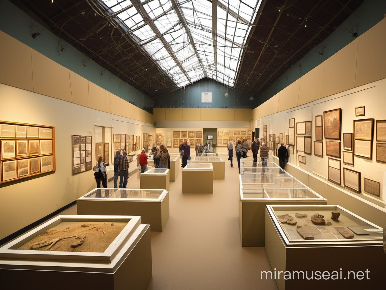 history museum, exhibits, hall, visitors, showcases, excavations, cartoon style
