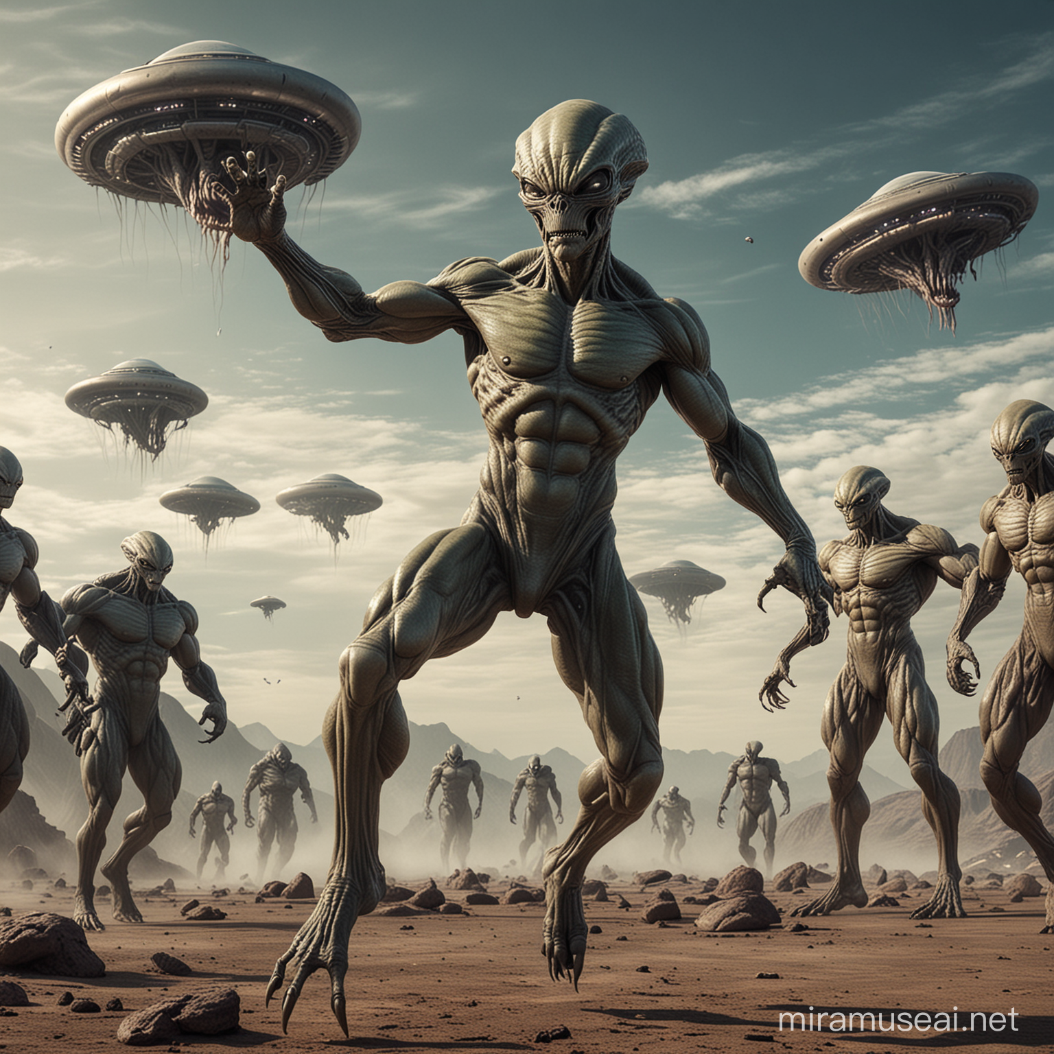 Alien Performing Intergalactic Calisthenics Amidst UFOs and Monsters