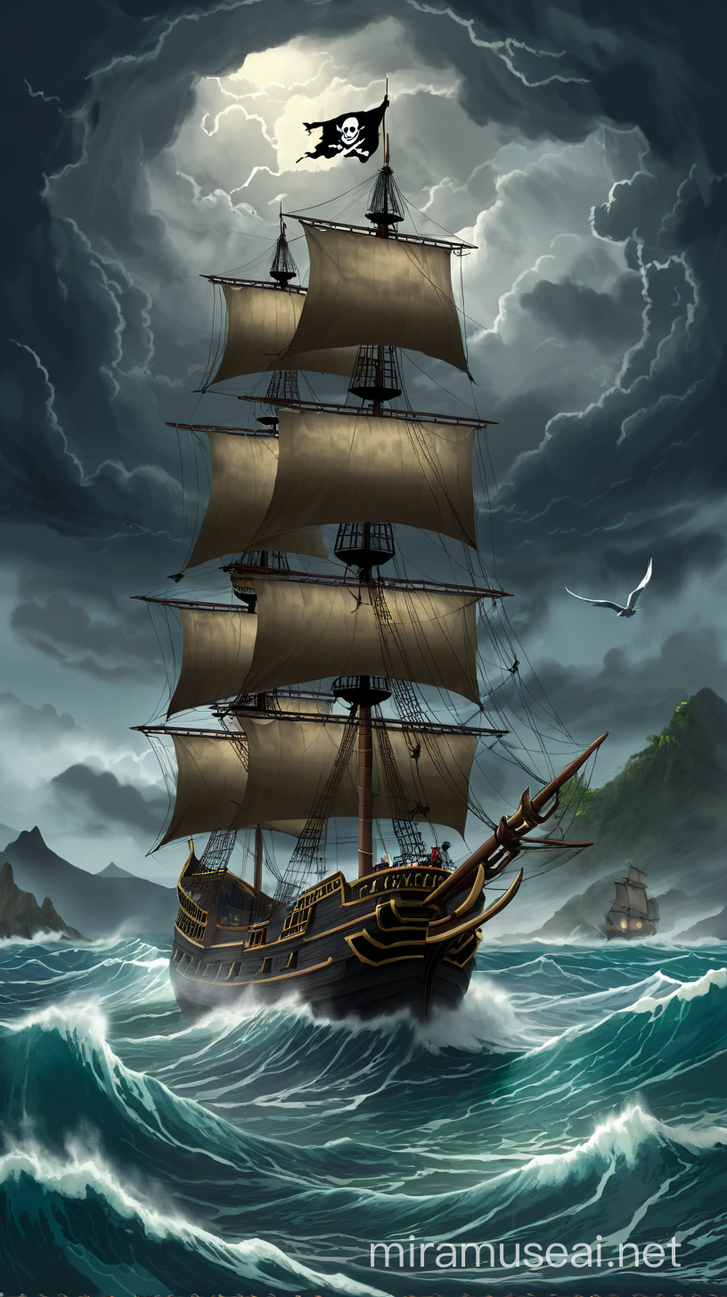 Illustration of a stormy Caribbean sea, with Cheng I Sao's pirate ship sailing ominously in the distance, setting the scene for her legendary exploits.