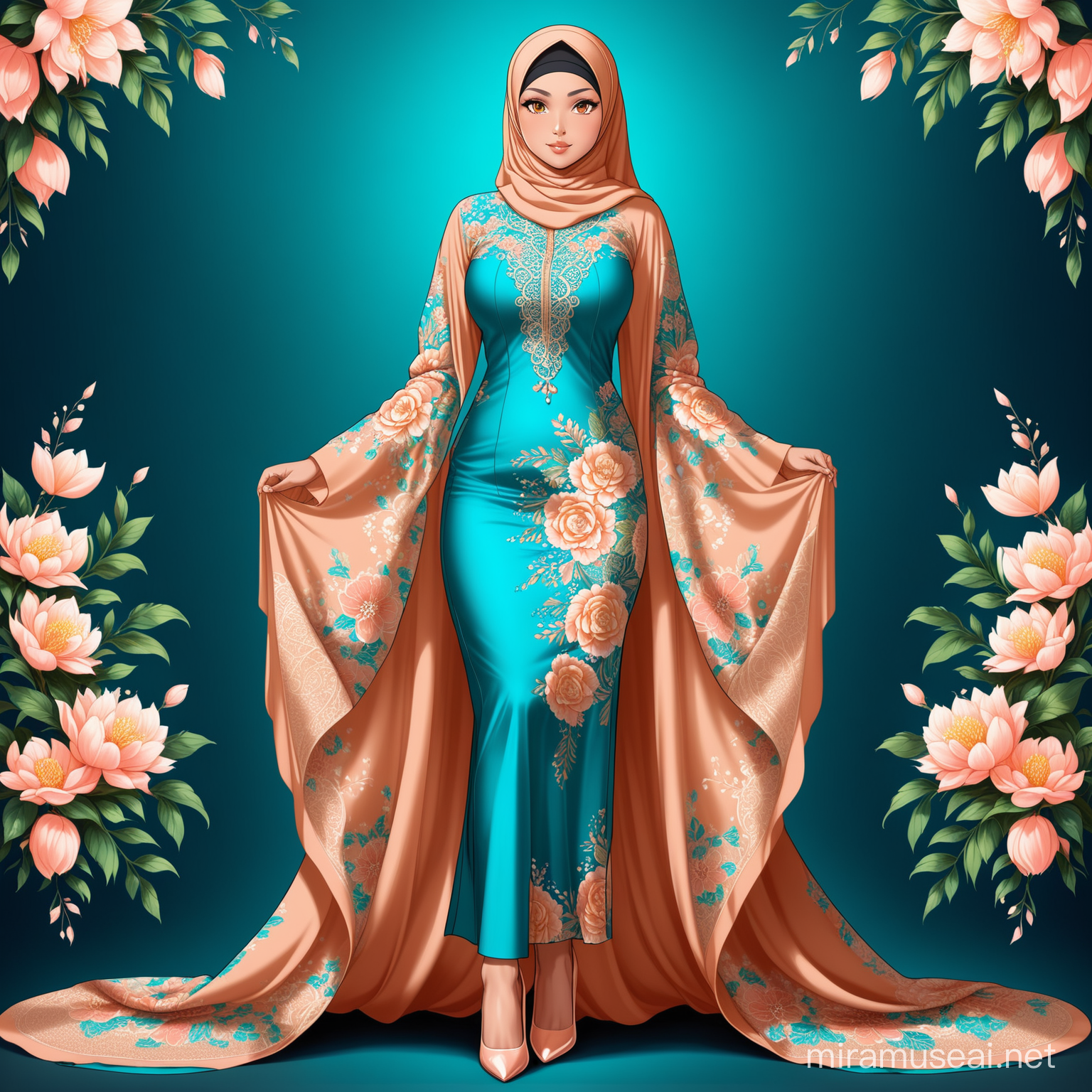 (full body shot, professional photography, blue background), sturdy and beautiful Malay female, middle age, large breasts, elegant, highly detailed, digital painting, art station, sharp focus, glowing eyes, wear fully hijab sea blue and peach loose kebaya, cover whole body, floral patten, wear heels, Enhance, dynamic shot