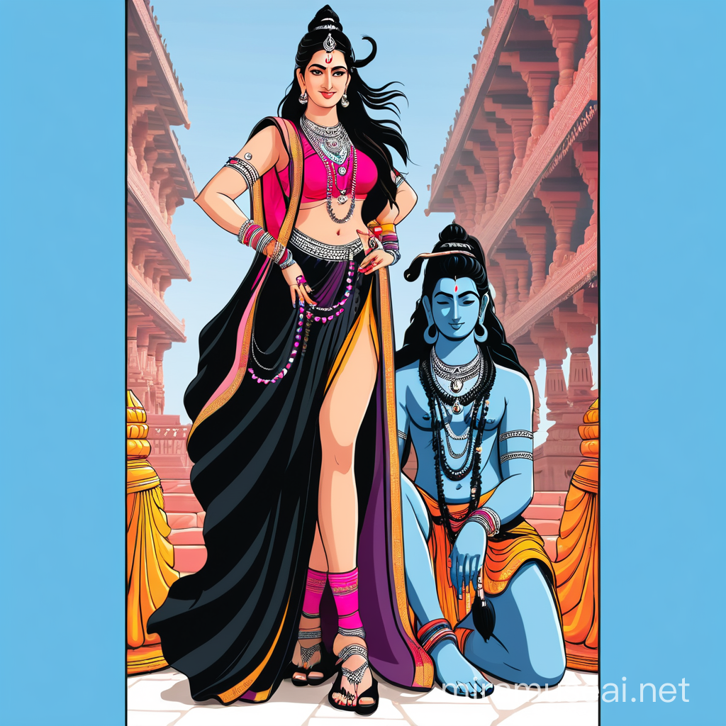 Render a vibrant, empowering scene showcasing Parvati, tall, bold, curvaceous, plus-size Muslim girl adorned in an asymmetrical skirt, pink socks, & black shoes. Exuding confidence & beauty, she leads Lord Shiva, the Hindu deity depicted on all fours, by a collar strap. Shiva positioned with hands & feet on the ground. Capture the bold contrast between Parvati's assertive stance & Shiva's submissive posture, accentuated by vivid colors that bring the scene to life.