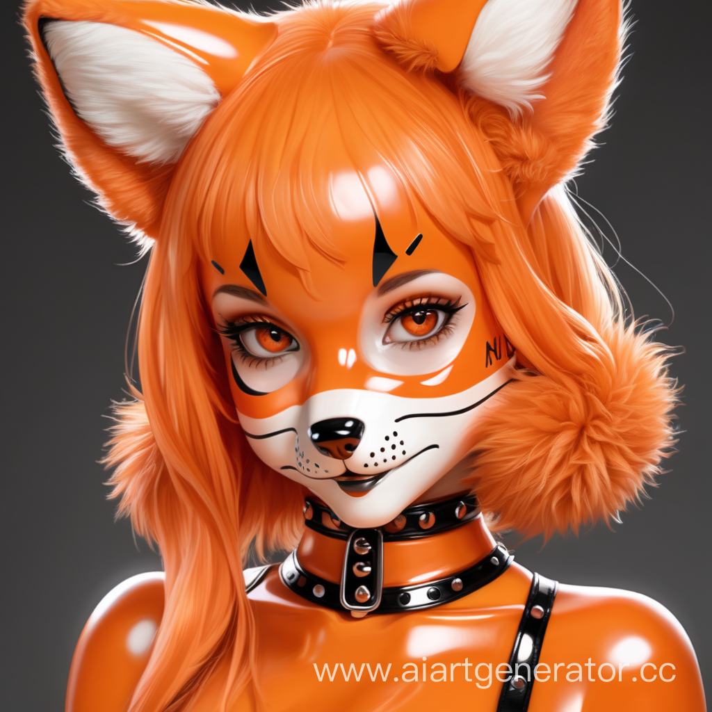 Латексная девушка фурри лиса с оранжевой глянцевой латексной кожей с мордой лисы вместо лица. Изображение сделать в милой стилистике