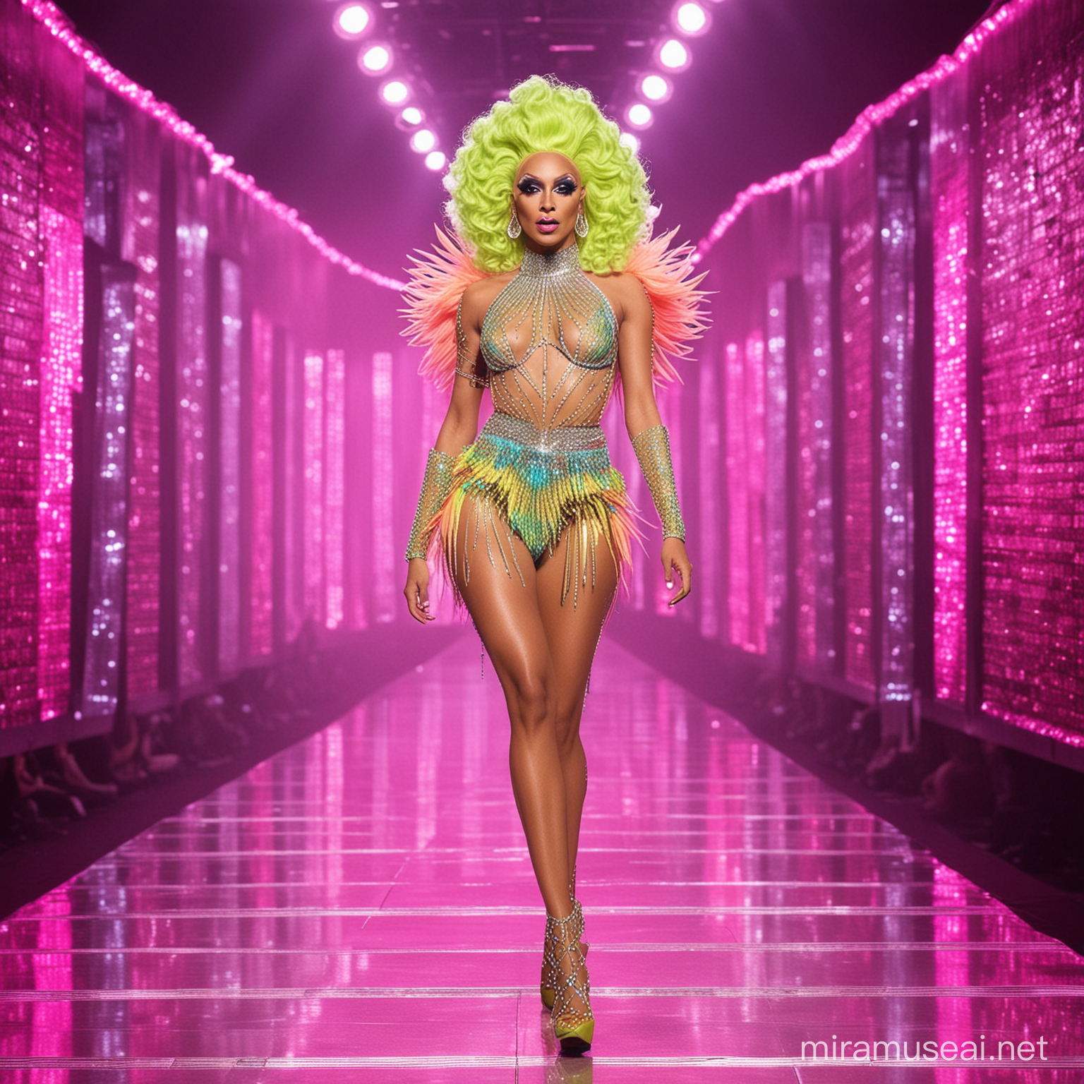 a full body image of a skinny brazilian neon drag queen walking on the Rupaul's Drag race runway wearing an outfit inspired by the prompt: diamonds 