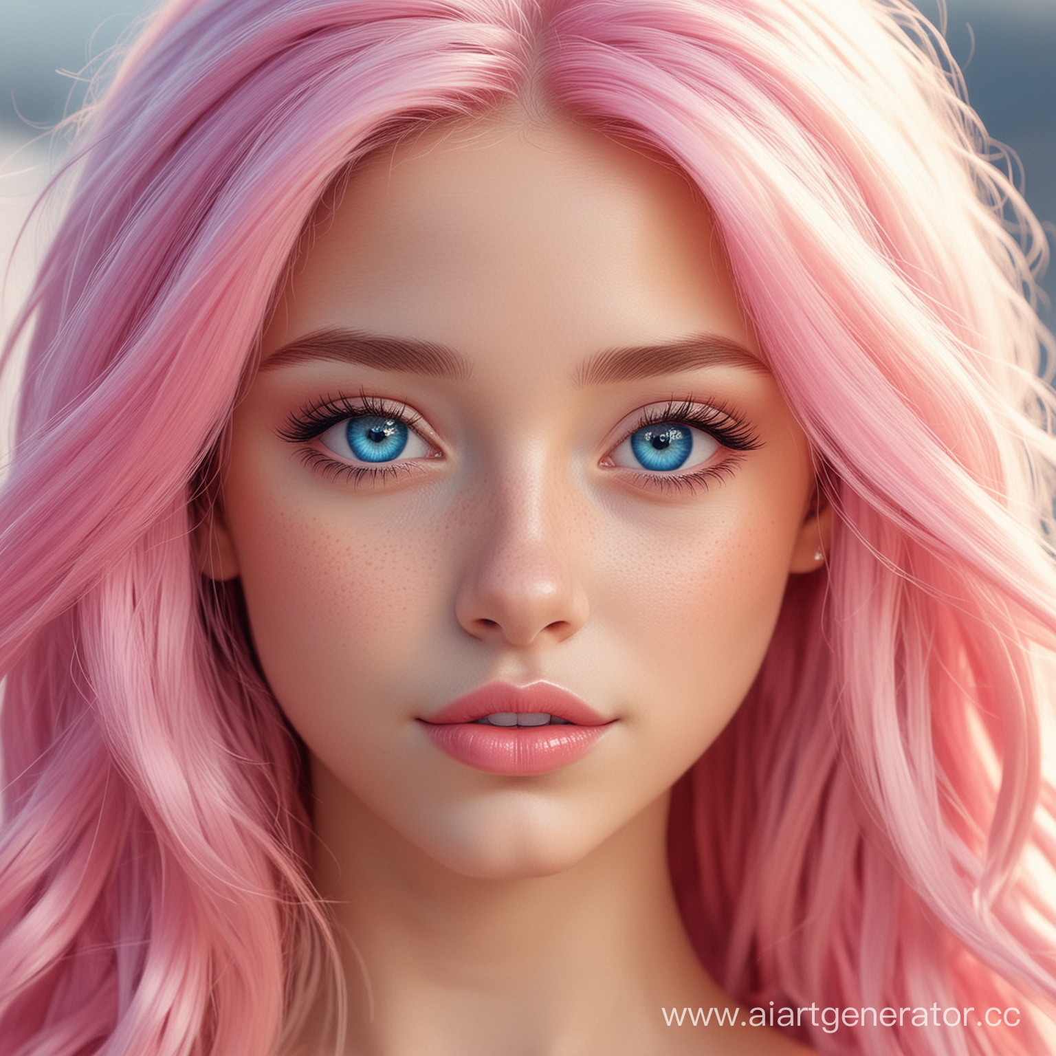 Молодая девушка в стиле мультика  с длинными розовыми волосами и голубыми глазами светлая кожа красивые и аккуратные черты лицо девушки