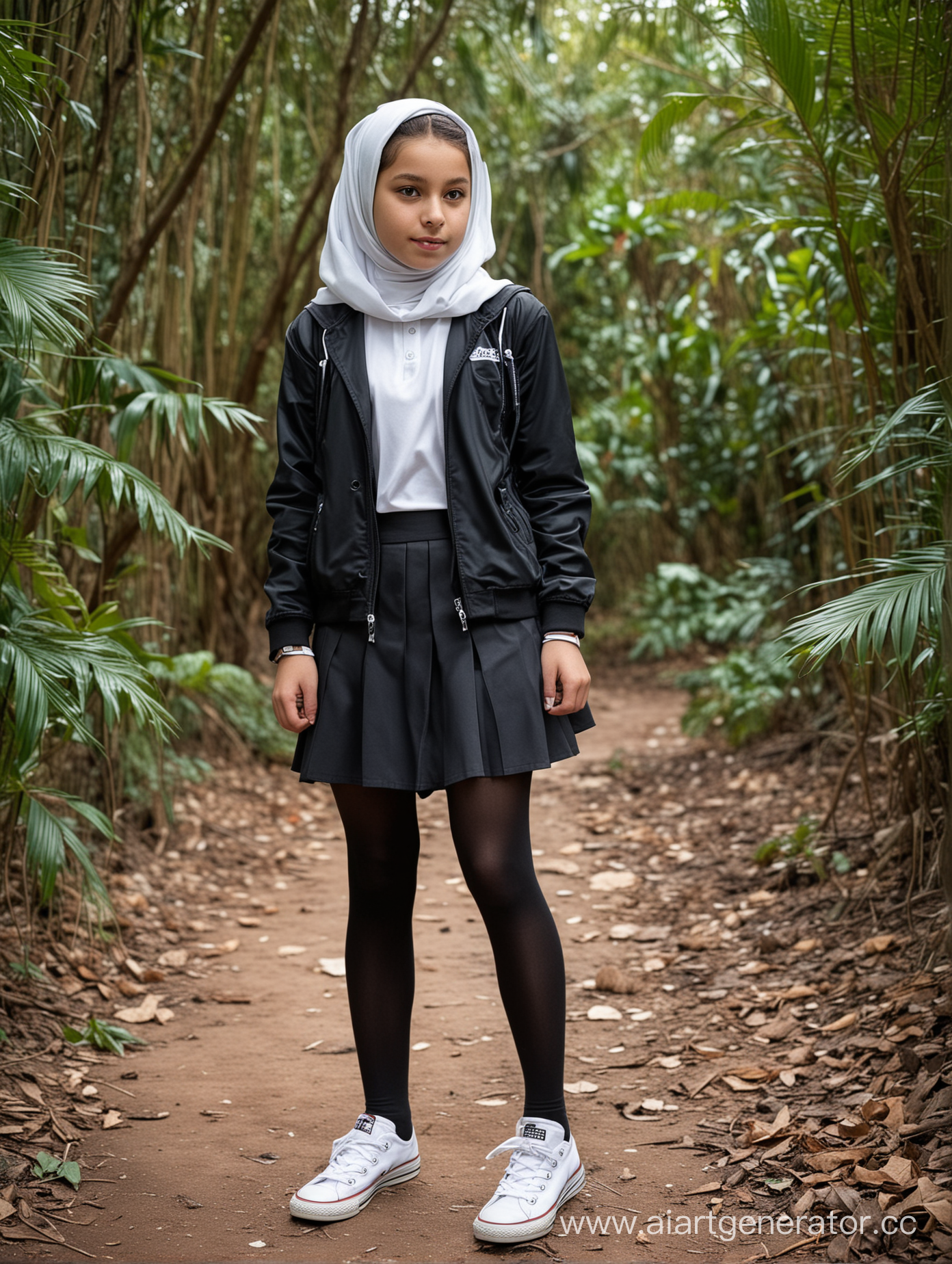 A little girl, 12 years old, jilbab, school skirt, white converse shoes, school uniform, black opaque tights, standing in the jungle, from side, top view, turkish, hairless, petite body, hooded jacket, 
