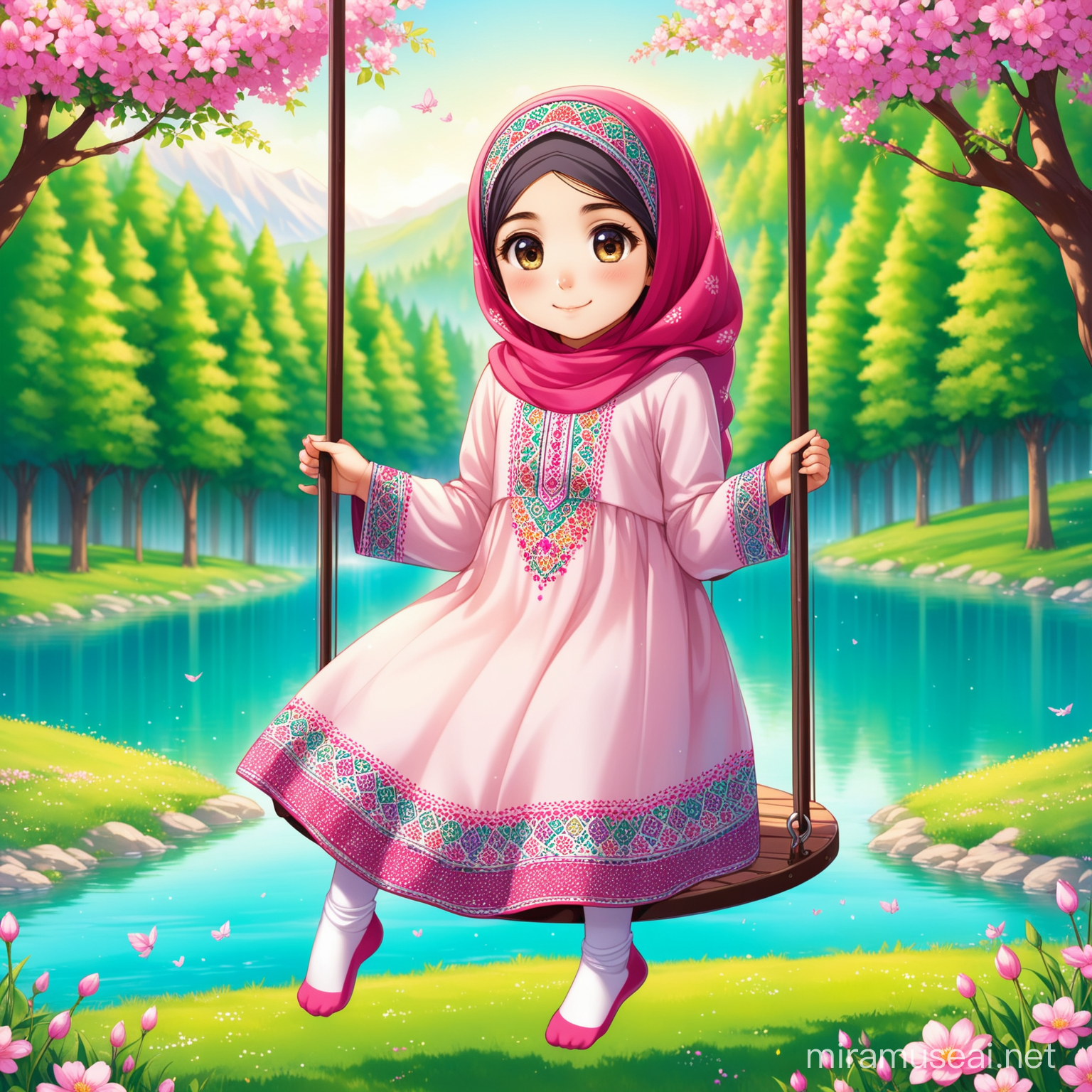 Fatemeh is Persian little girl, 8 years old , Muslim, full height, no hair out of veil(Hijab), smaller eyes, bigger nose, white skin, cute, smiling, wearing socks, clothes with a lot of Persian designs.

Fatemeh is swinging, sittong on the swing.

Atmosphere forest, grass, pink flowers, spring, lake.