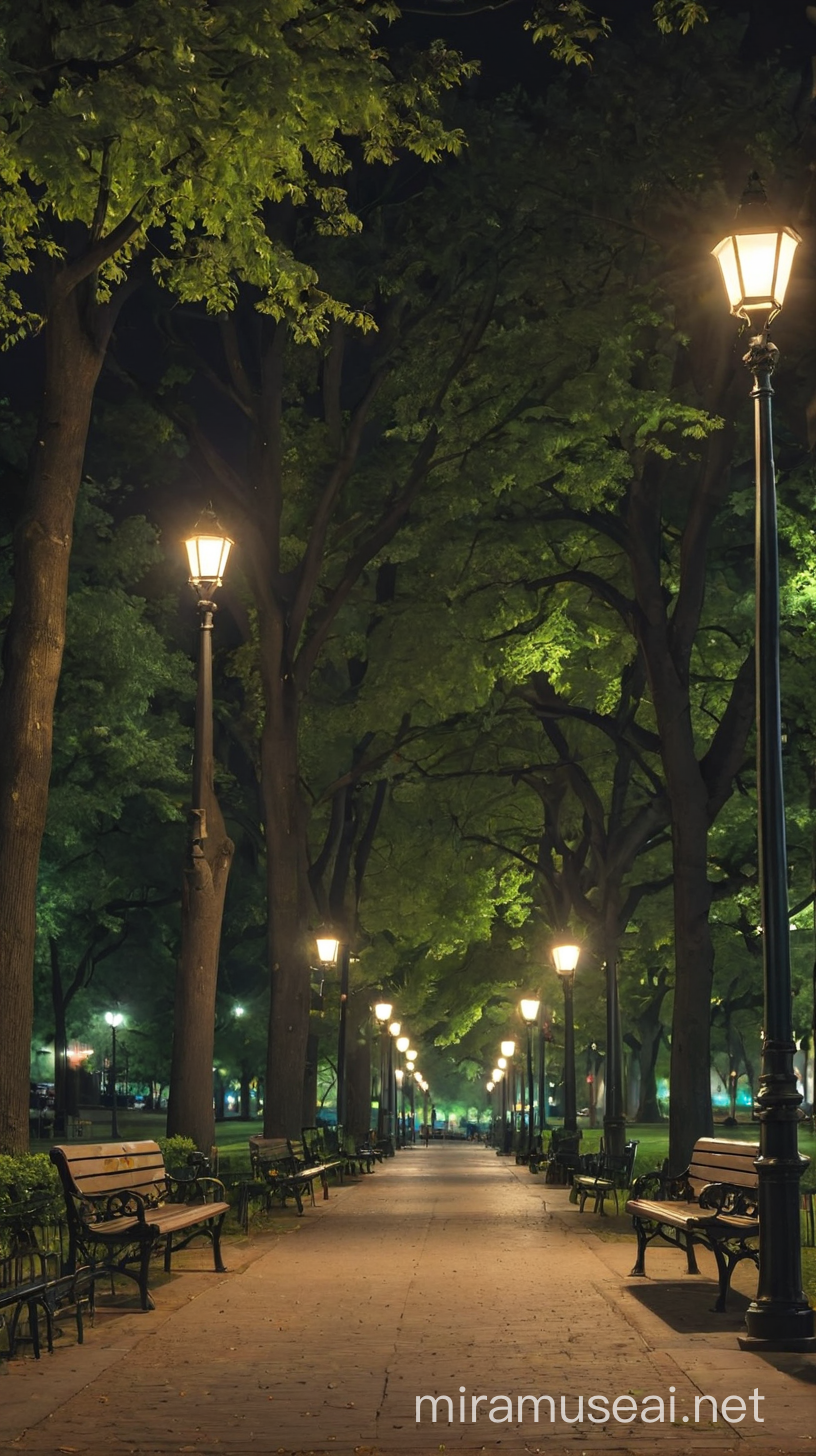Nighttime Park with Illuminated Streetlights and Benches