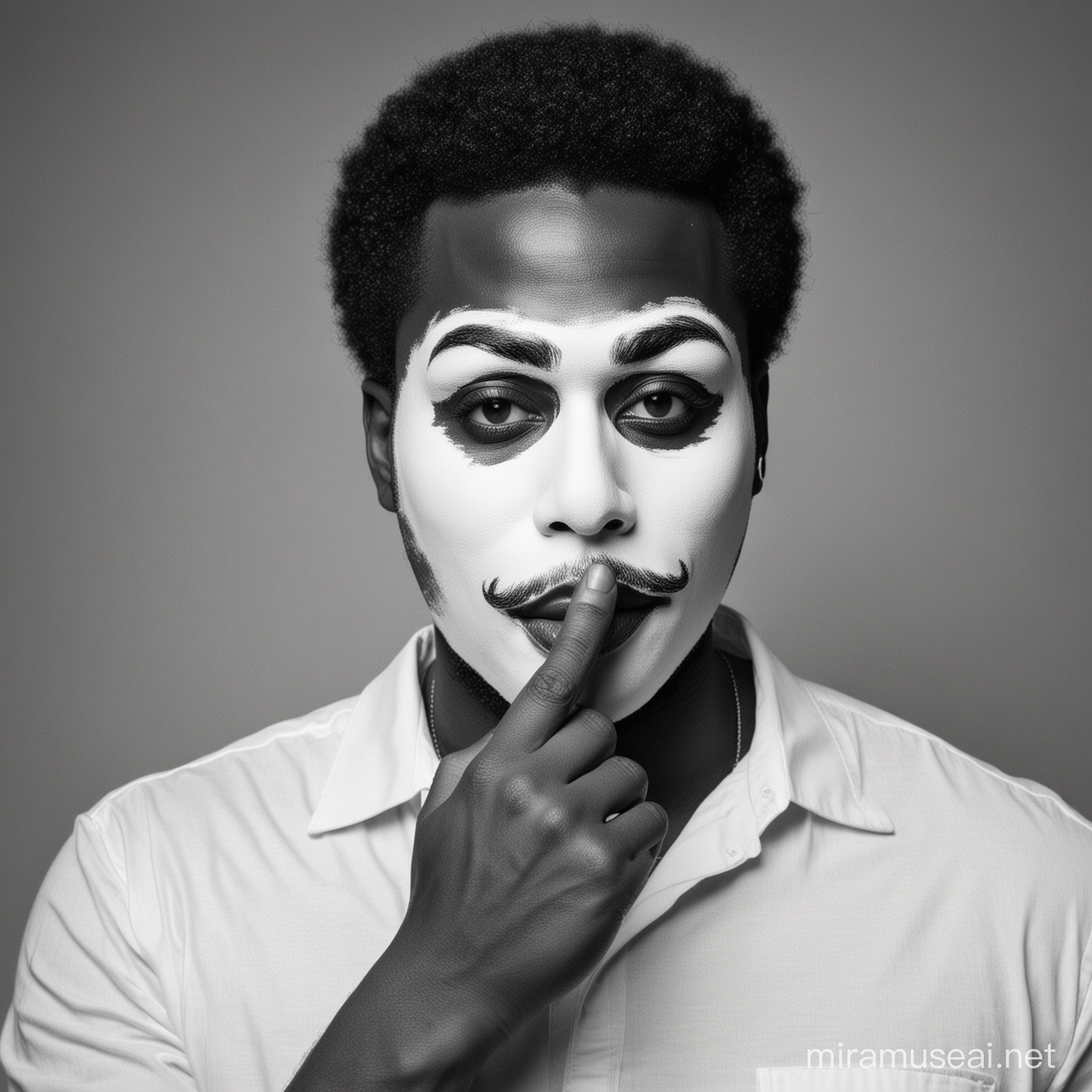 black and white image of a black man wearing a white mask putting one finger on his lips and saying be quiet
