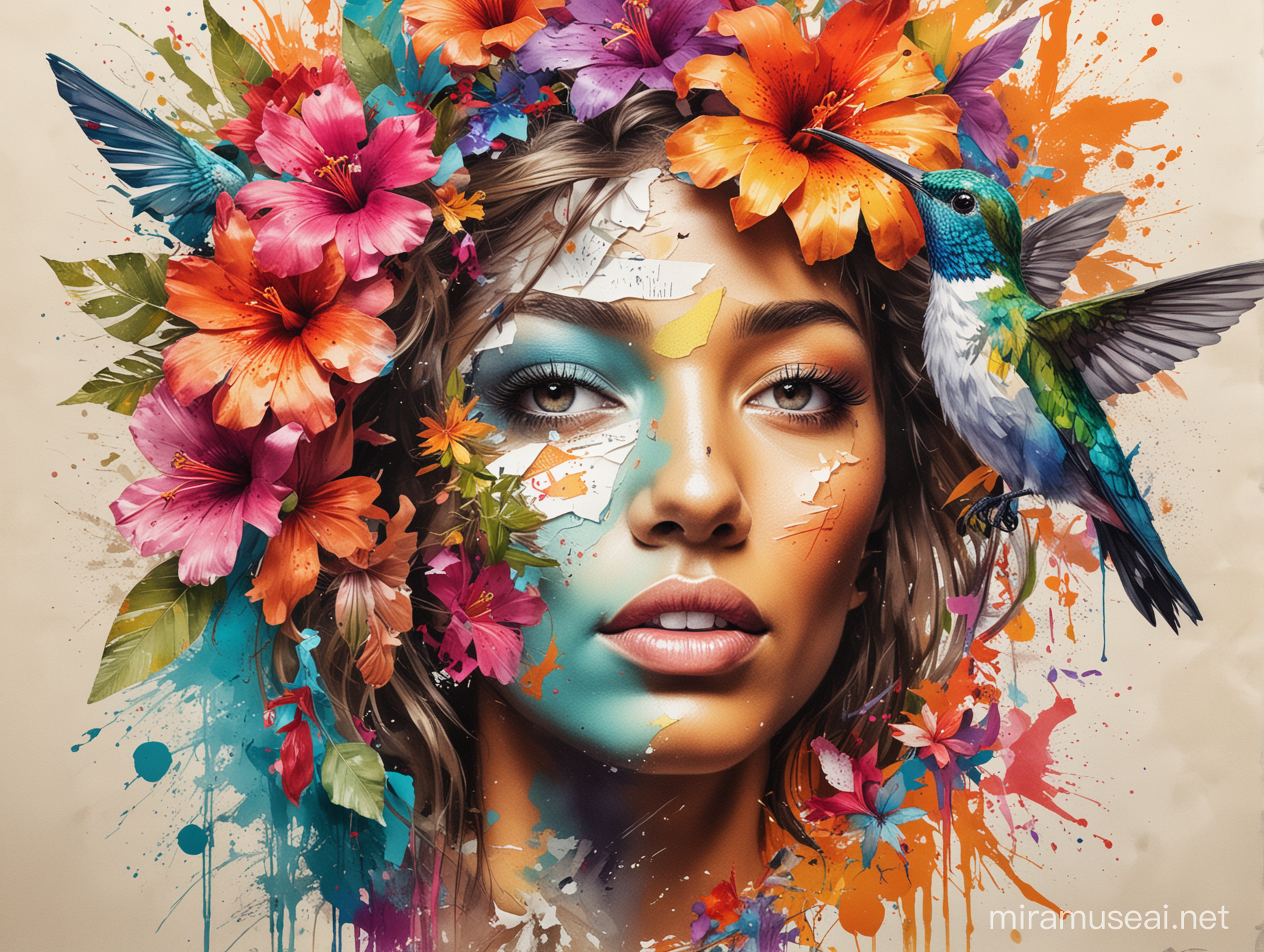 Créer un visuel mix media avec différentes techniques de création graphique pour un concours de talents au Antilles. on voit un portrait de femme avec du papier déchiré, des couleurs vives, de l'encre colorée, des fleur et un colibris.