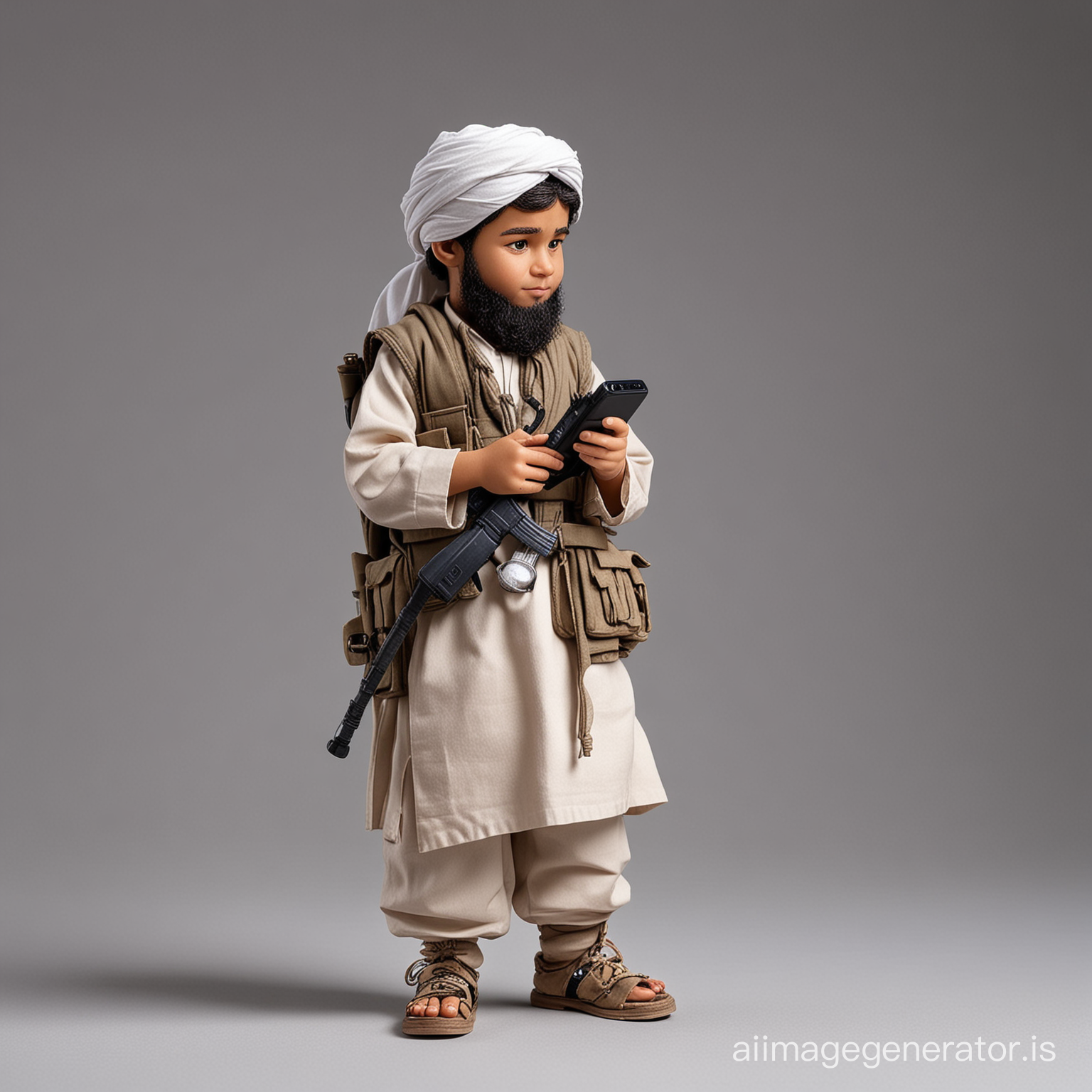 Miniature taliban kid, toy, bind laden, full body, side profile,  he is staring at his phone, isolated