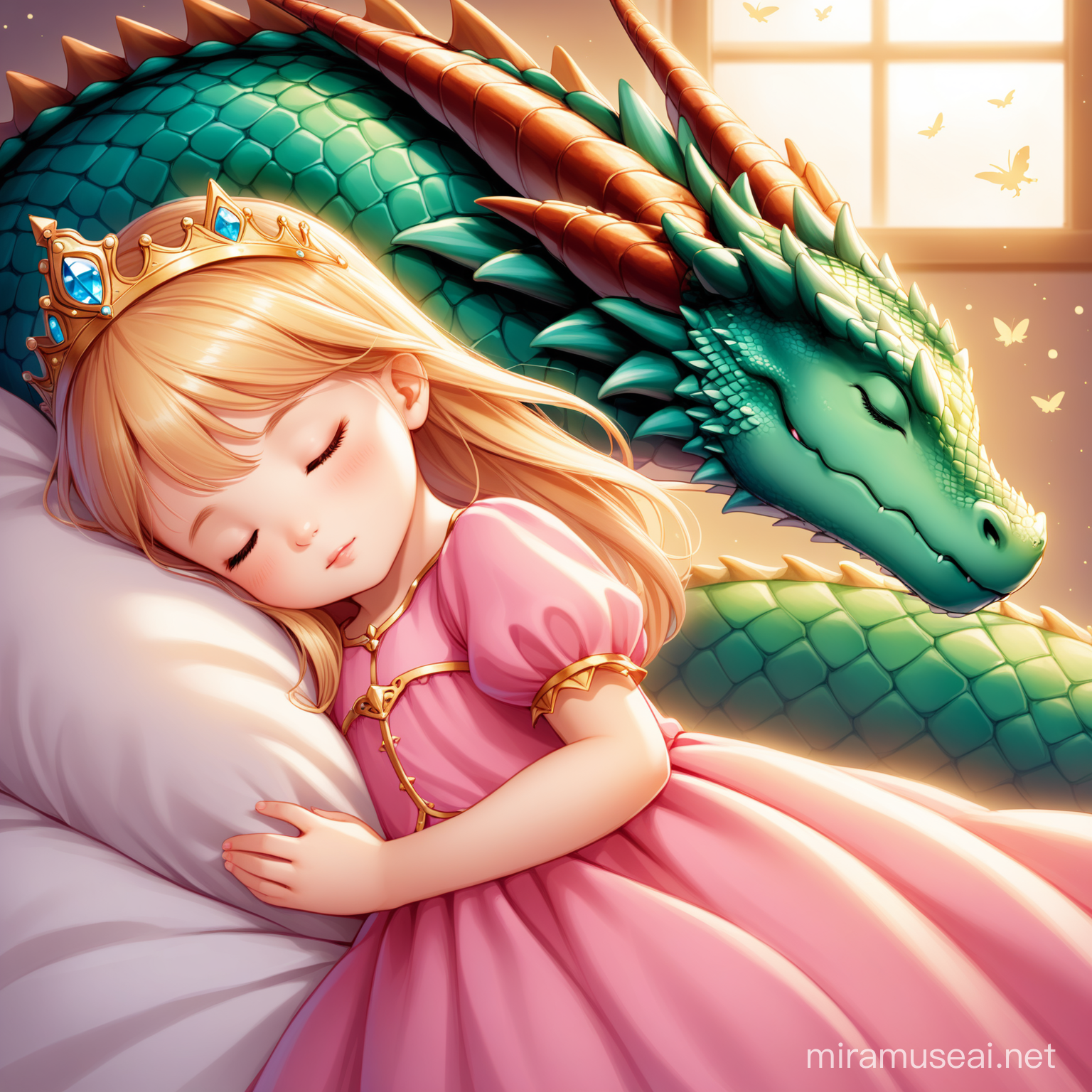 sleeping little princess with her dragon