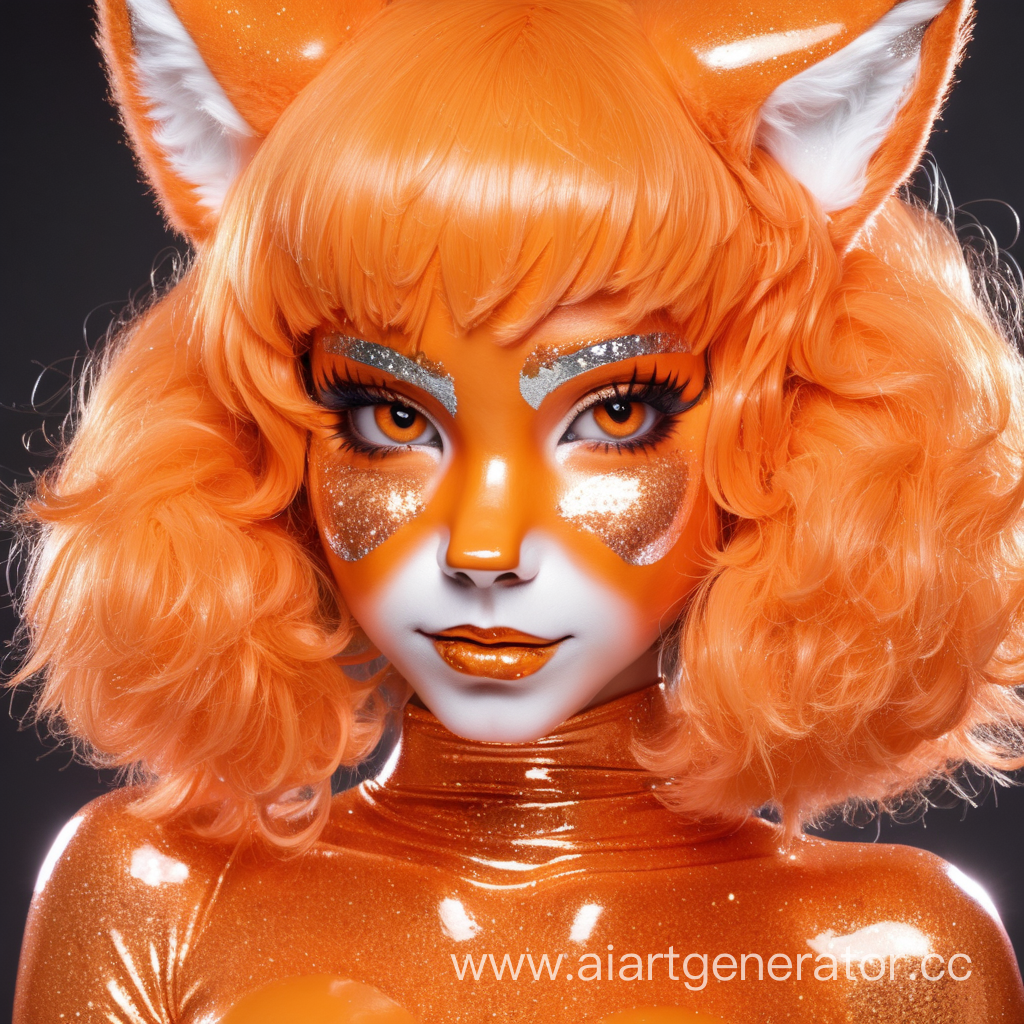 Латексная девушка фурри лиса с оранжевой латексной кожей покрытой блестками с оранжевым латексным лицом. Изображение сделать в милой стилистике