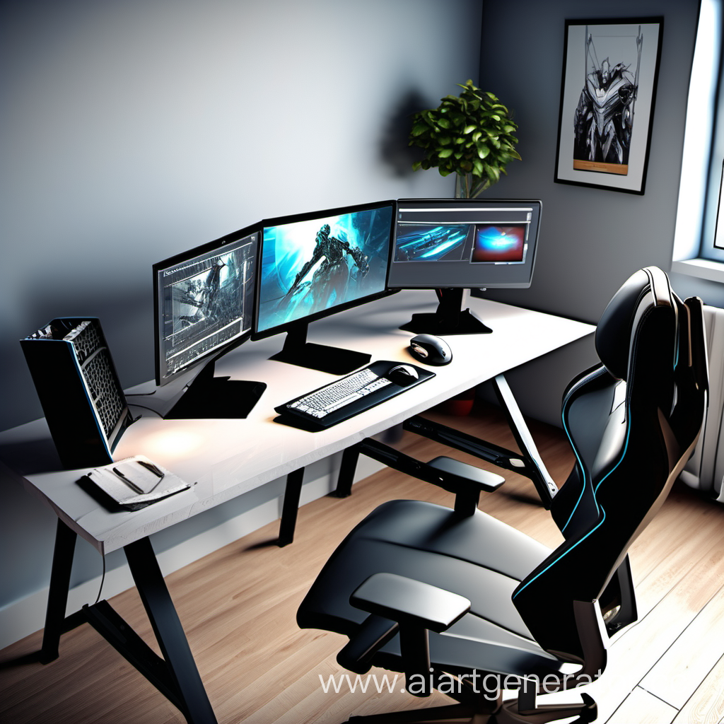 the designer's workplace, a table, two monitors, a comfortable gaming chair, a graphics tablet on the table and a computer mouse with a keyboard.