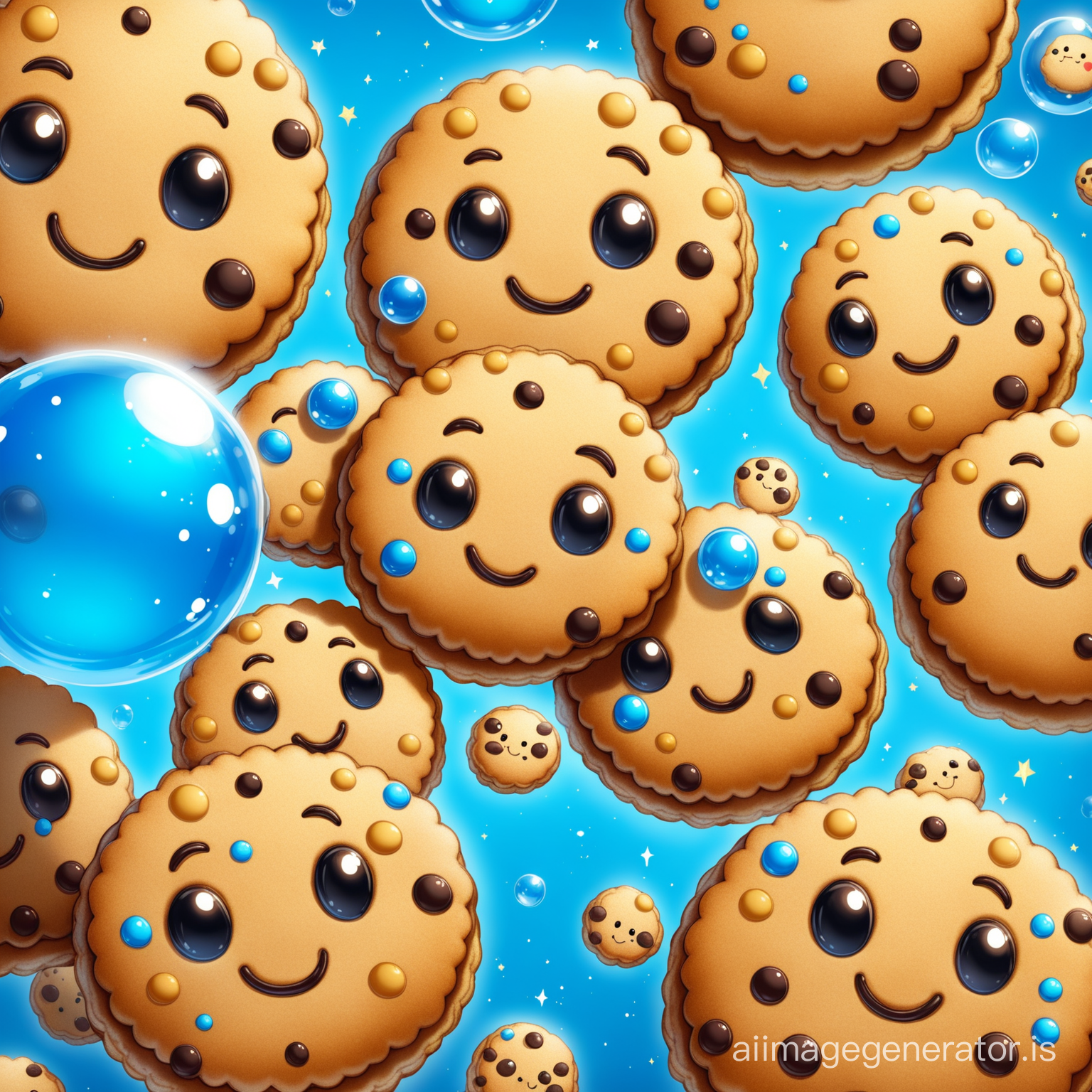 A little black happy cute cookie with green eye and smile flying on the cookie jungle with super detail and High Quality
big and blue Bubble and floating cookie are seen everywhere
Details are evident beautifully and with great precision