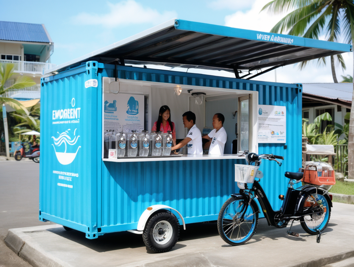 empowerment container café vitalizing and enriching potable water distribution with electrical tricycle in Philippine sea side resort city