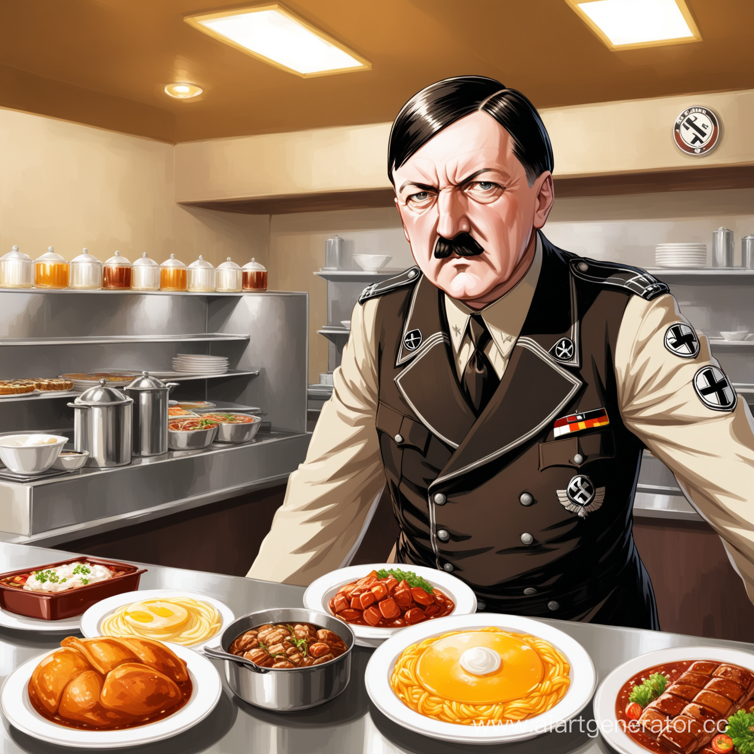 Адольф Гитлер  в столовой за стойкой накладывает еду германской культуры  и рядом другие виды блюд с напитками из немецкой столовой 