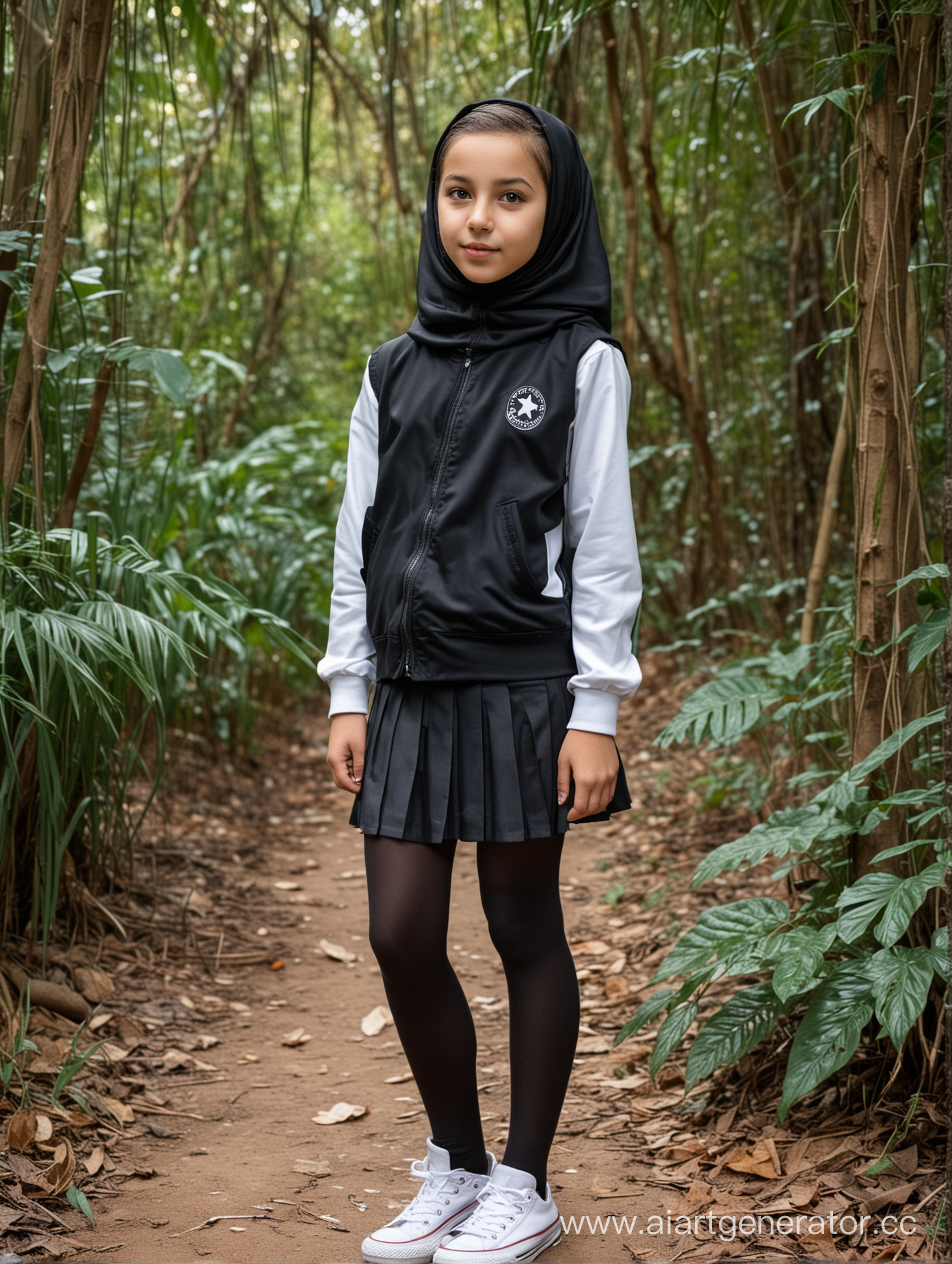 A little girl, 12 years old, turkey style hijab, school skirt, white converse shoes, school uniform, black opaque tights, standing in the jungle, from side, top view, turkish, hairless, petite body, hooded jacket, sexy pose