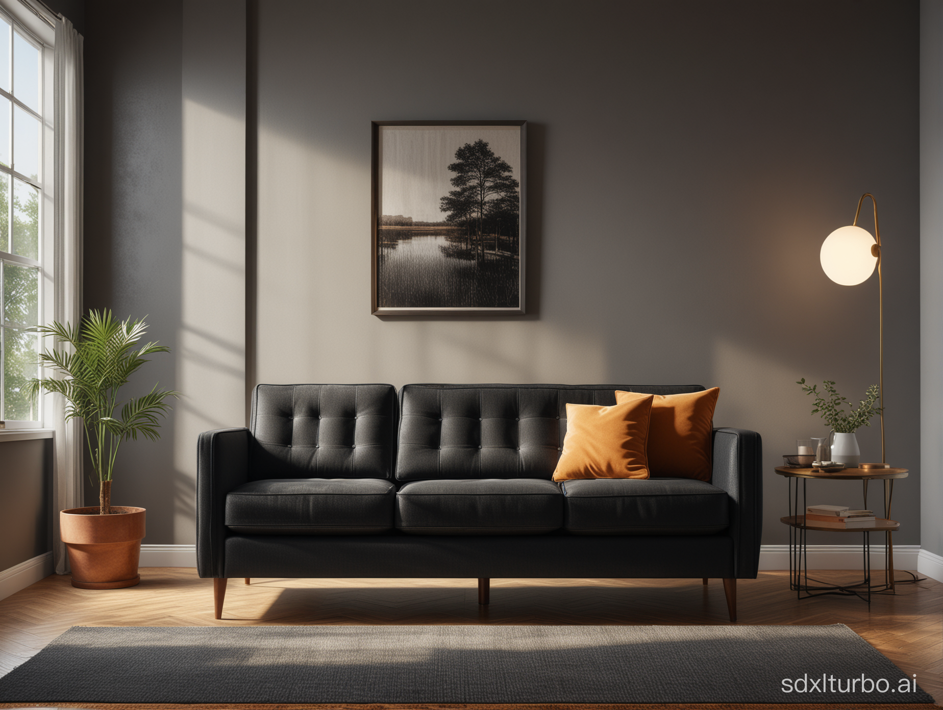Photography of a black mid century modern couch in a stylish living room with a window on the left side of the image creating a small patch of light while the rest of the room is in shadow. Cinematic style with wide angle lens. Photorealistic.