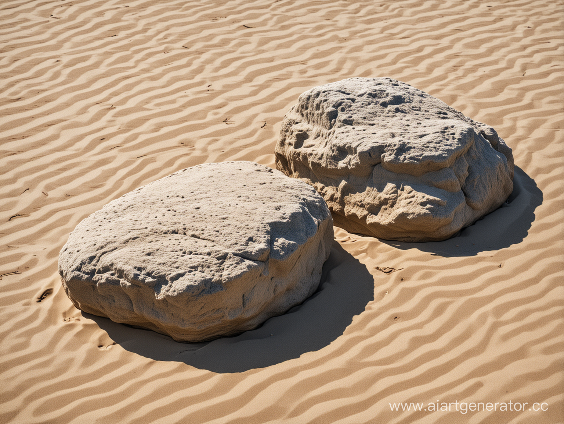 Две большие скалы стоят в песке на набережной 