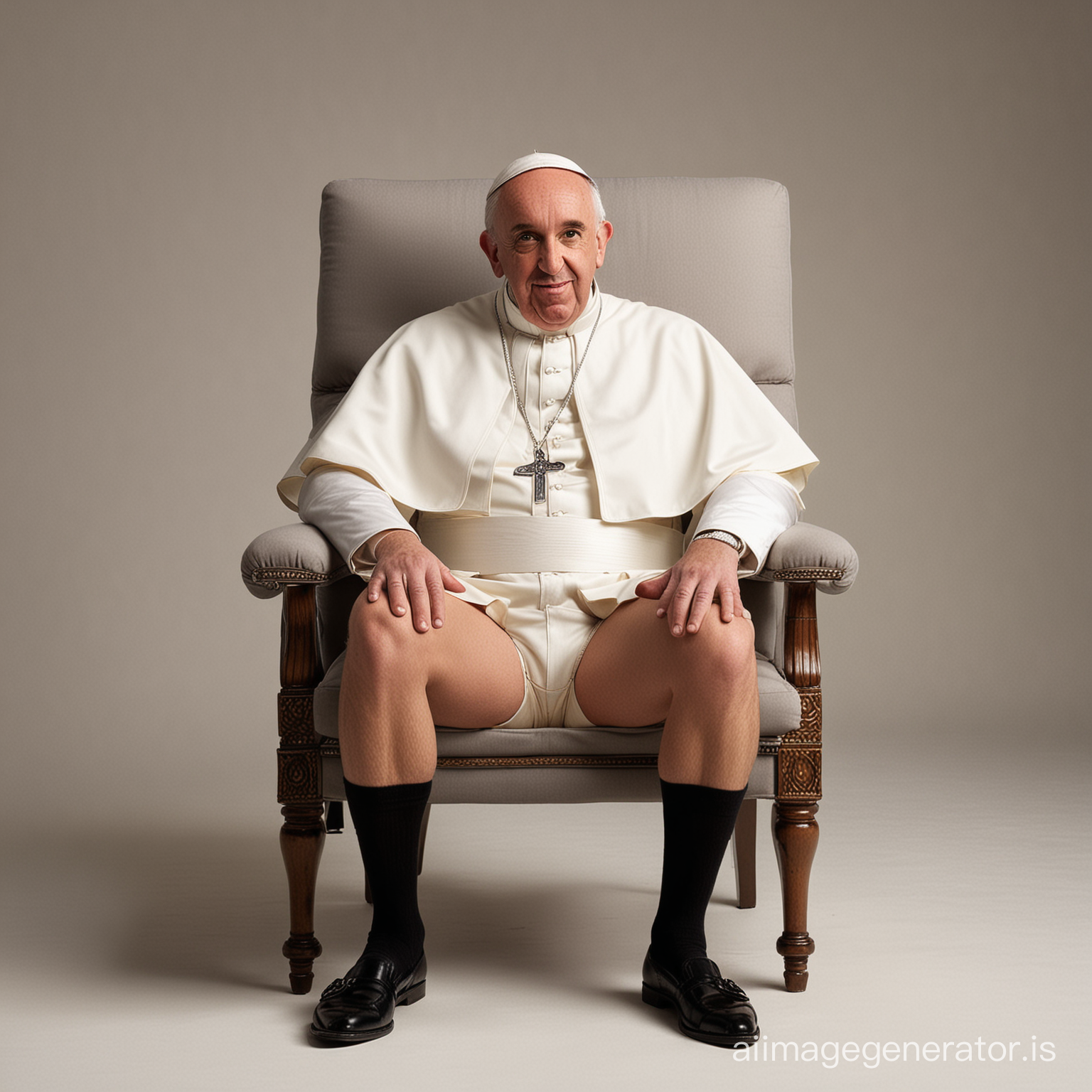 Pope Francis, shot height, naked, only wearing white boxer briefs, black socks, black loafers, grey hair, sitting on a chair, three archbishops are standing being him, full body shot, full body shot, fantasy light cream solid background, dramatic lighting